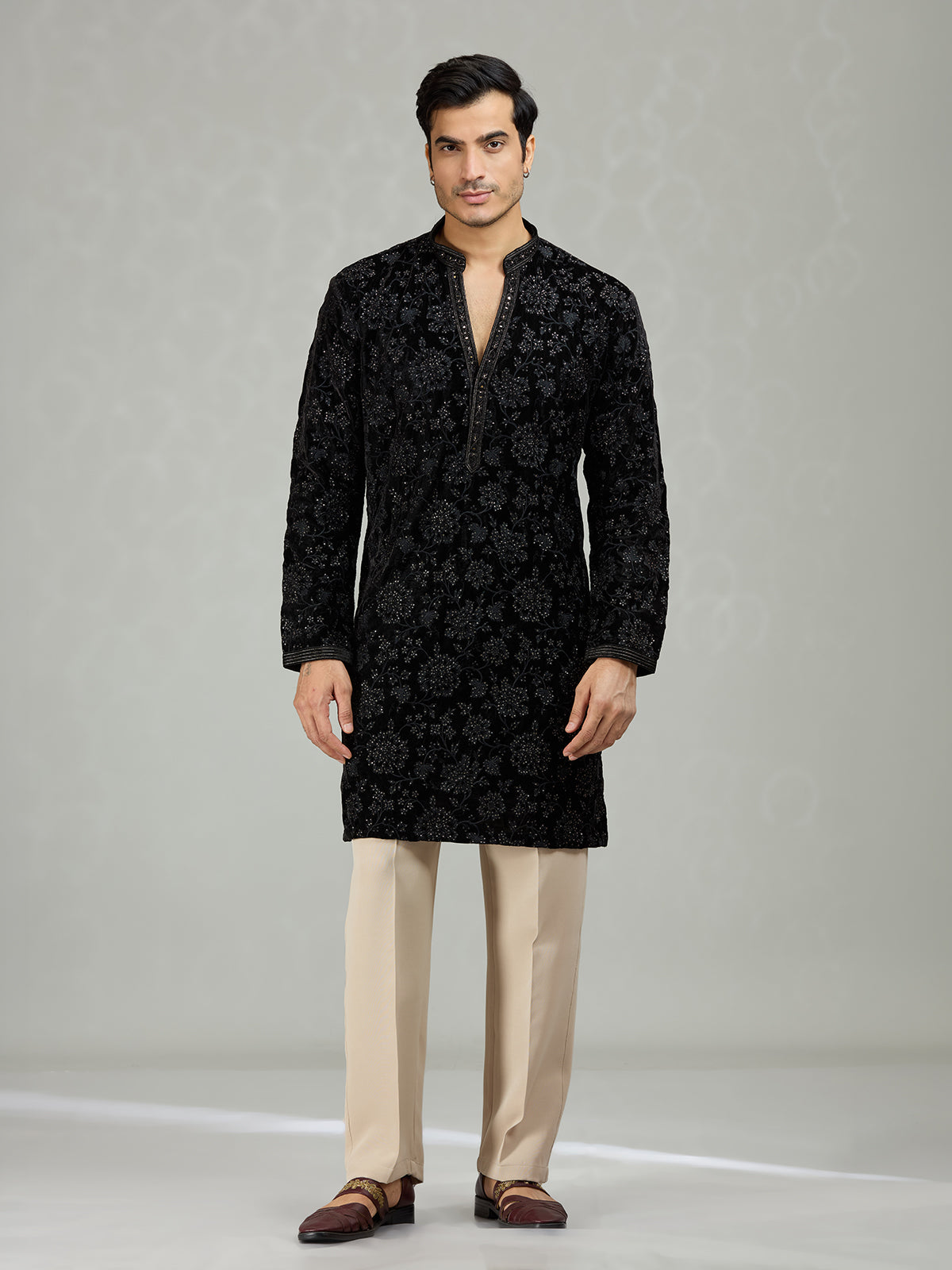 Black floral velvet embellished mens kurta suit