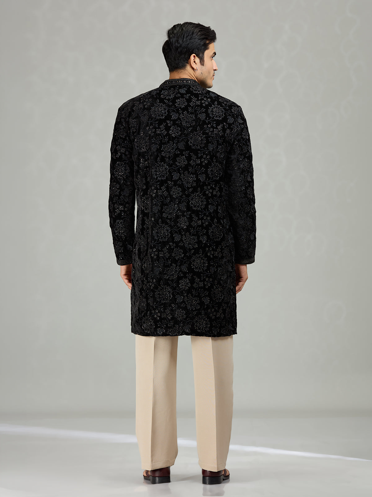 Black floral velvet embellished mens kurta suit