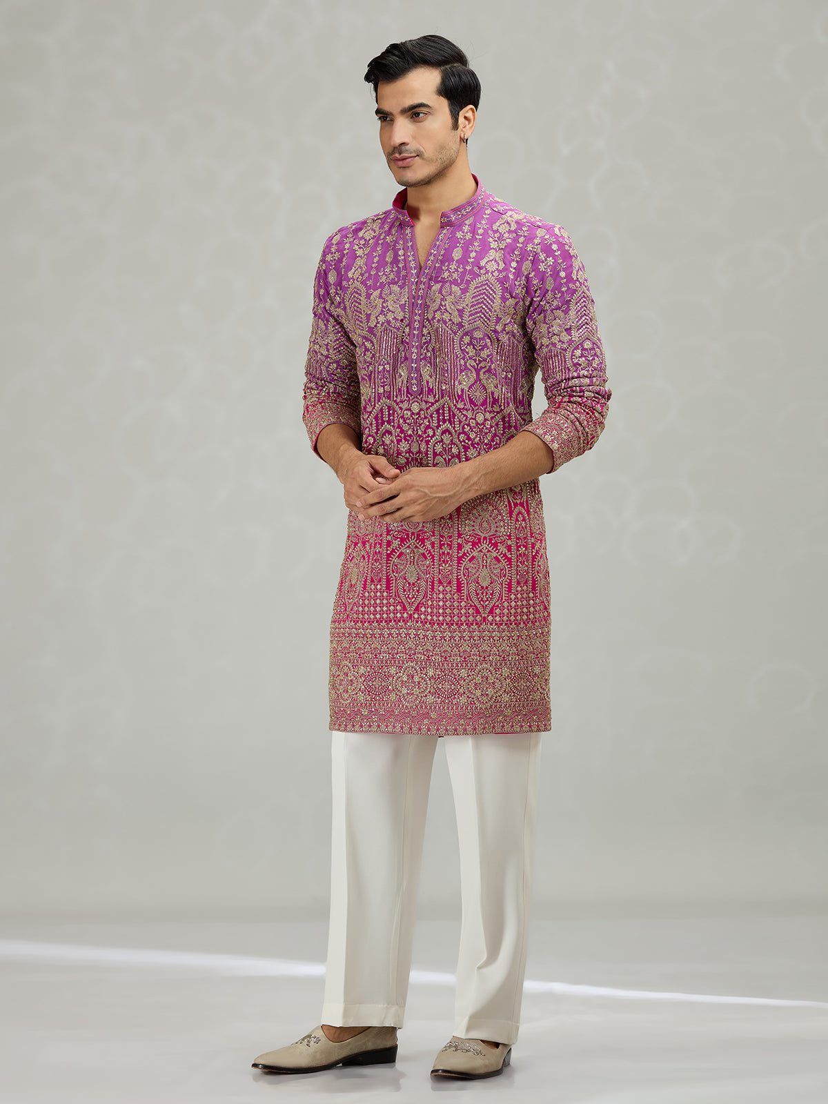 Purple magenta shaded border regal men kurta suit