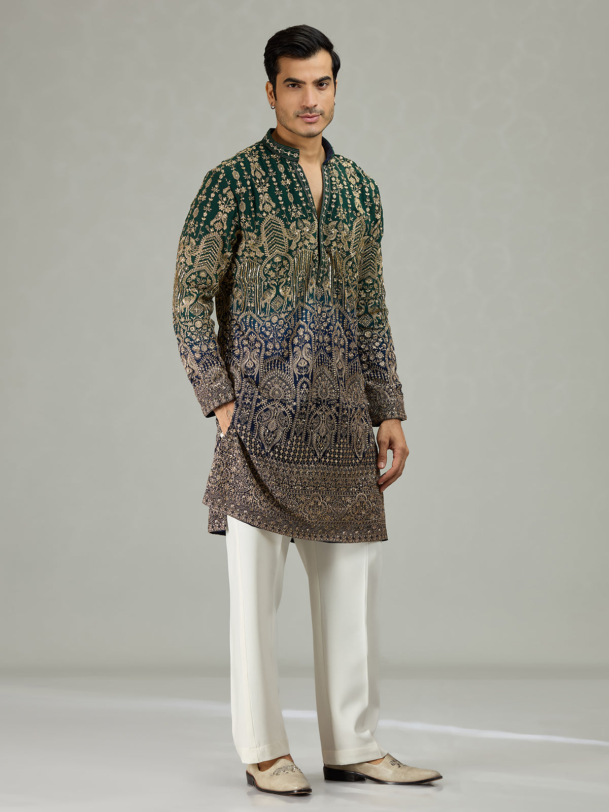 Green blue shaded Mughal heritage men kurta suit