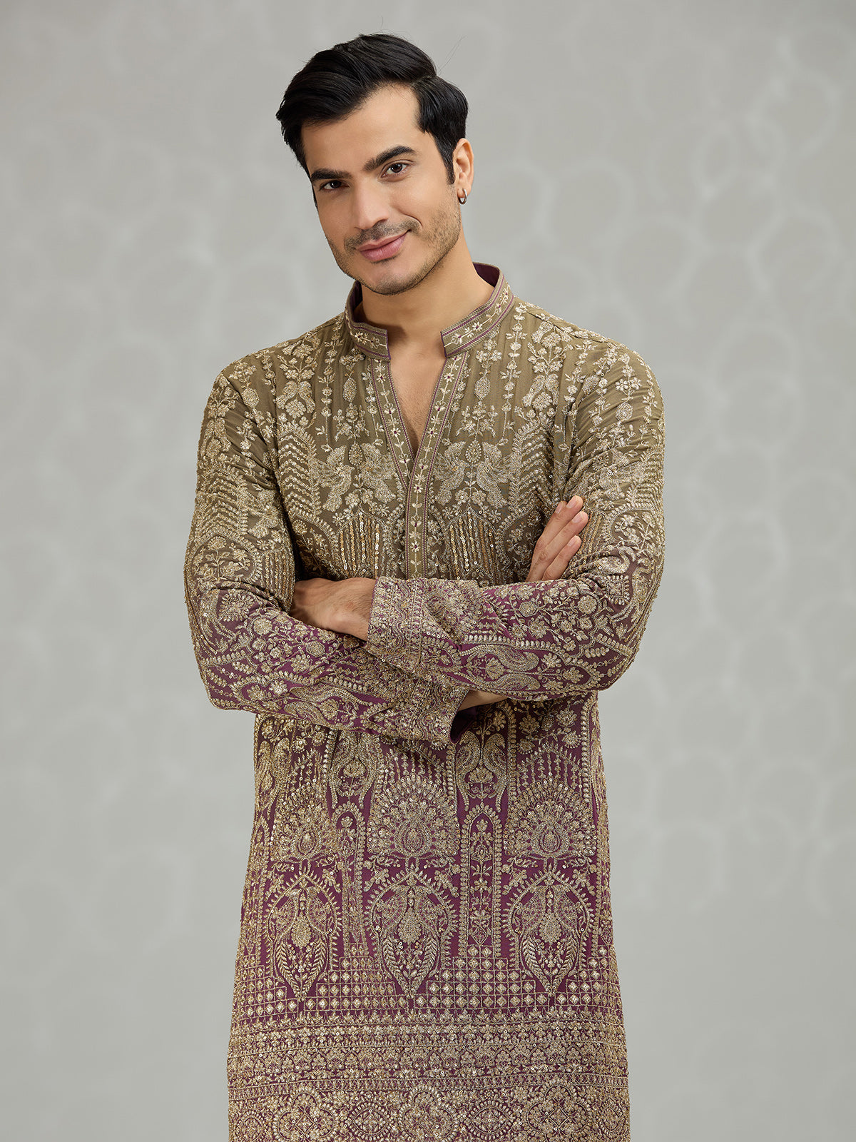 Brown purple shaded architectural mens kurta suit