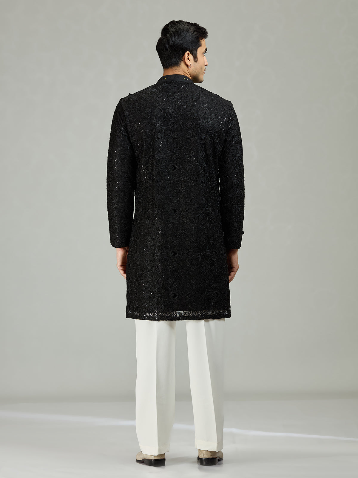 Black chikankari sequin organza luxe men kurta suit