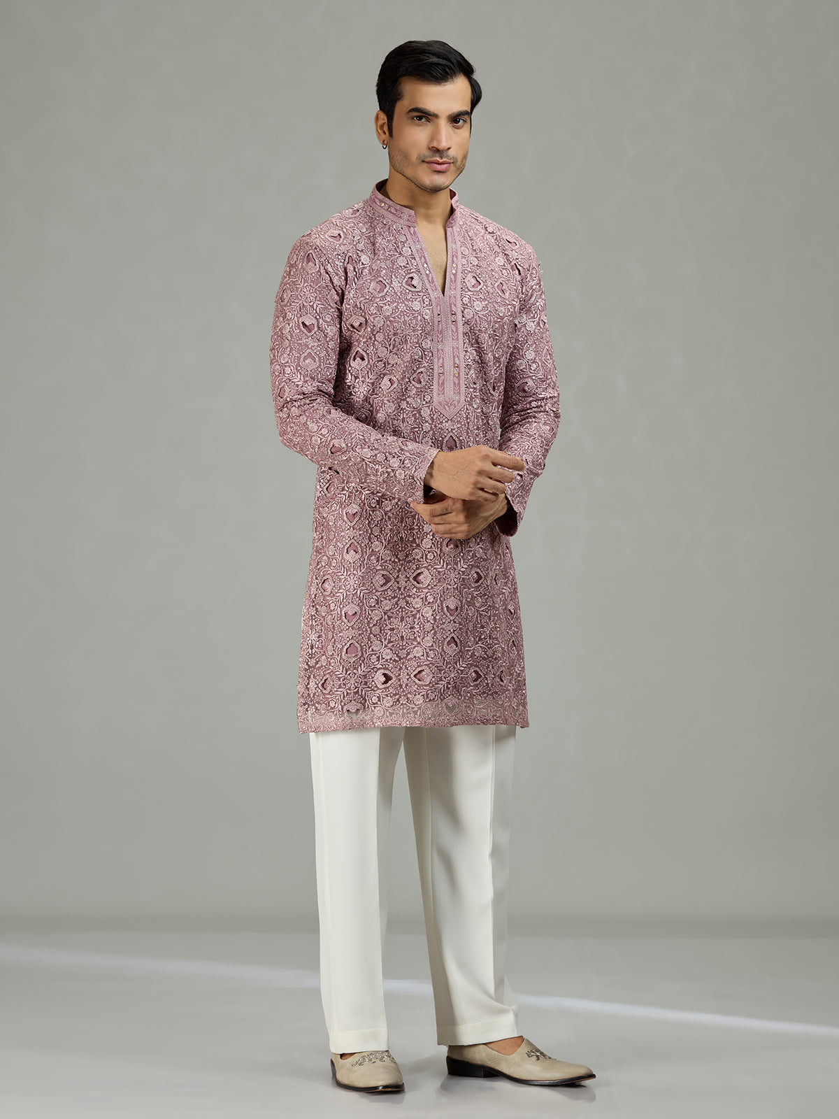 Onion pink diamond cut dapper men kurta suit