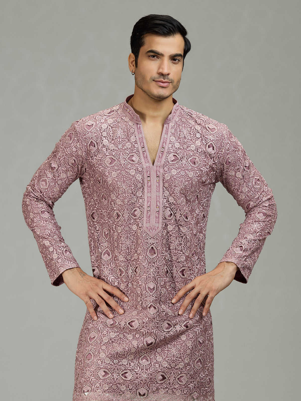 Onion pink diamond cut dapper men kurta suit