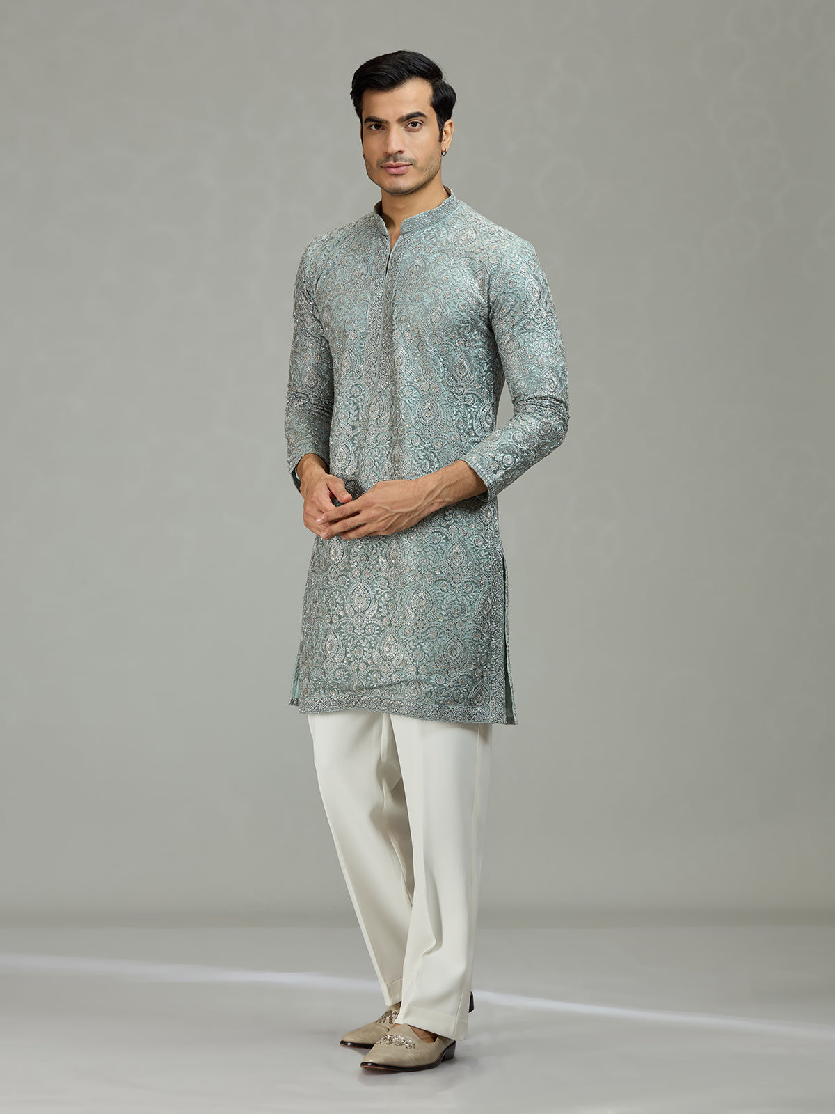 English grey Persian floral graceful men kurta suit