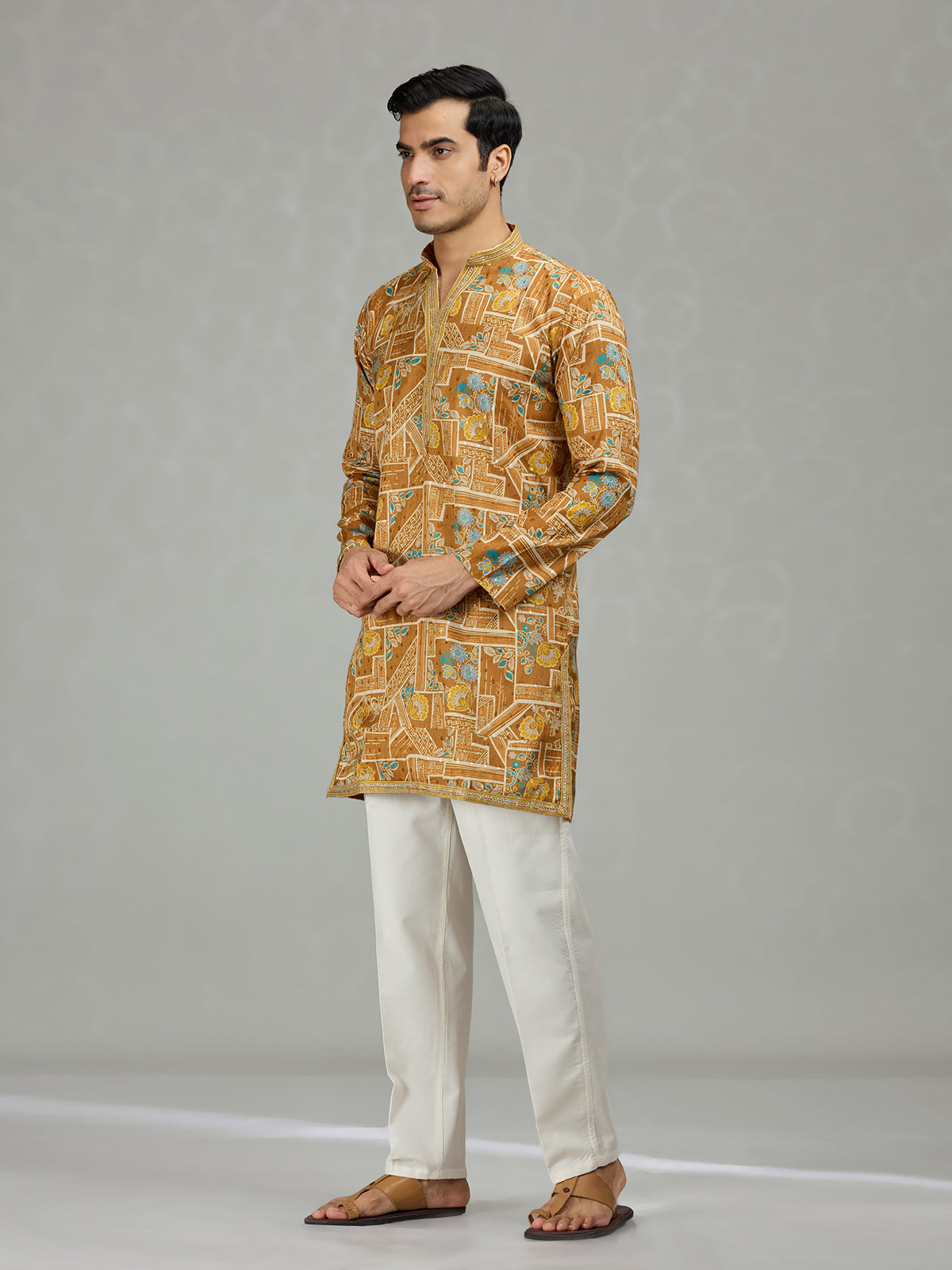 Yellow floral grid printed vibrant men kurta suit