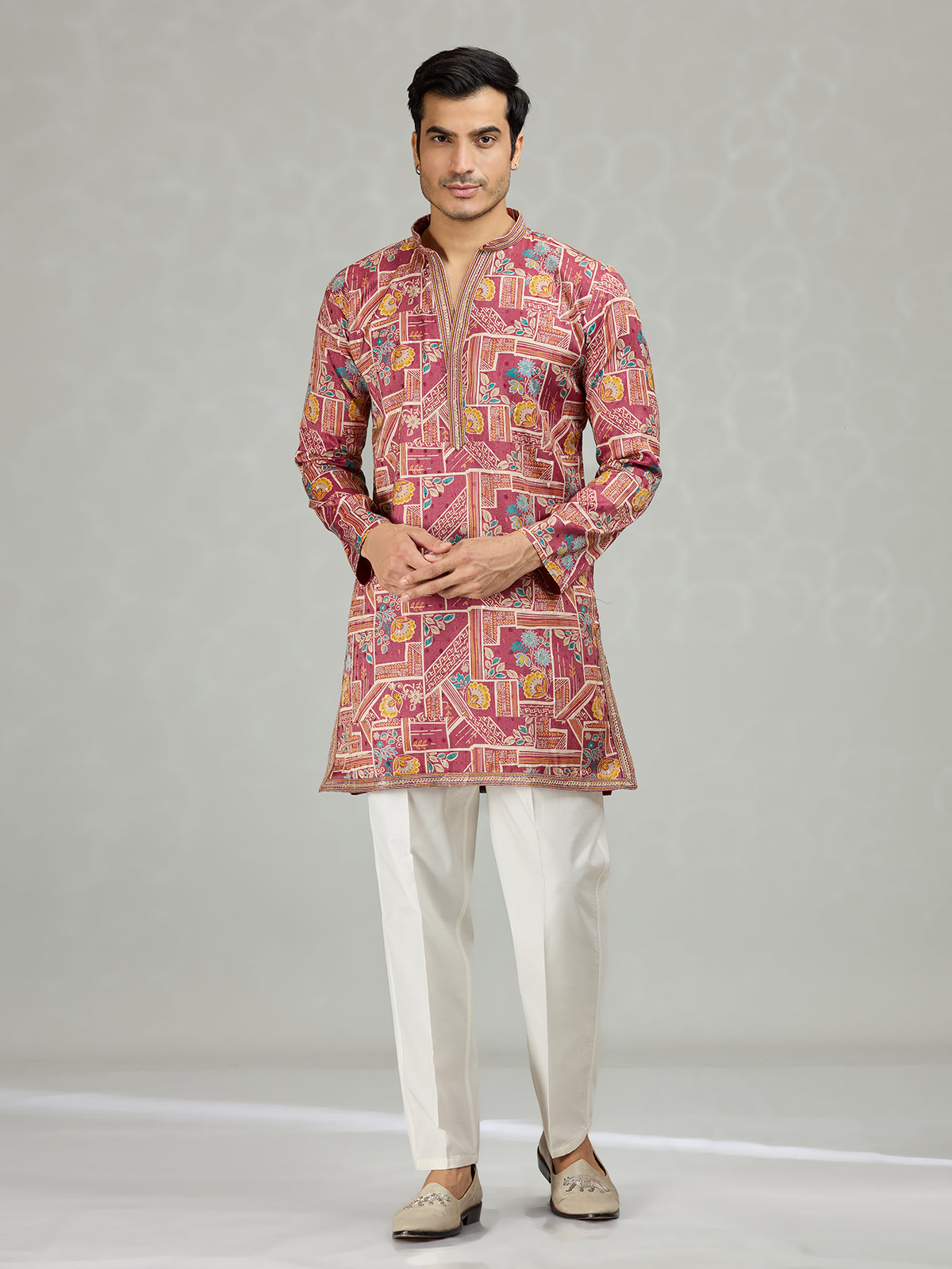 Wine botanical grid printed statement men kurta suit