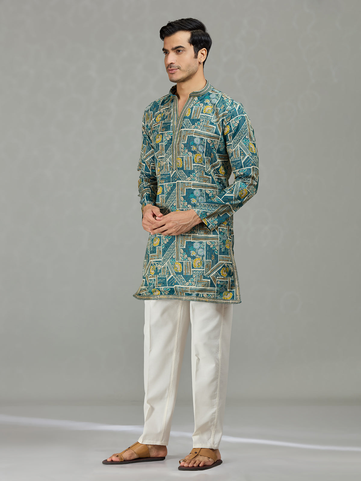 Blue floral grid printed contemporary men kurta suit