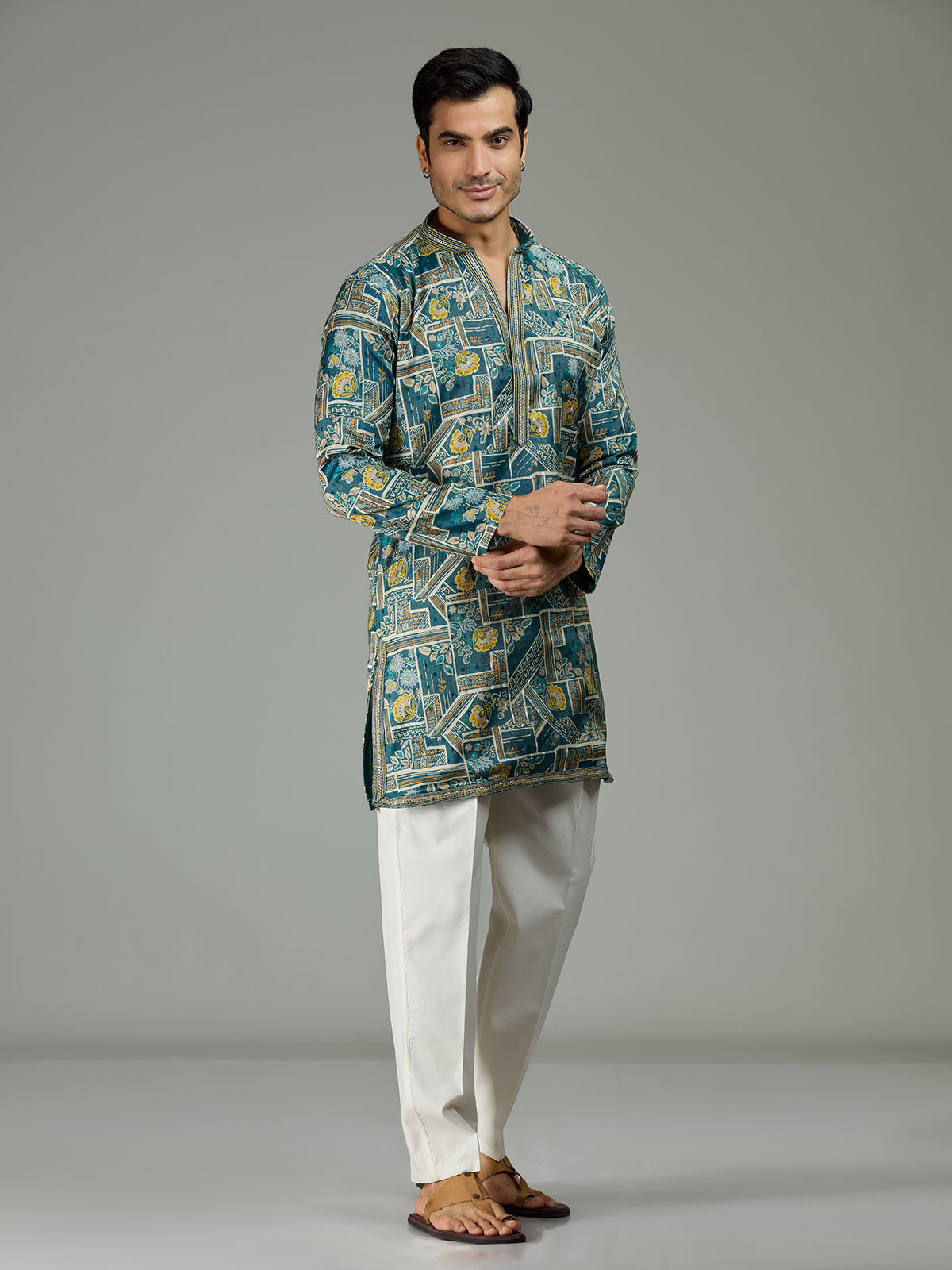 Blue floral grid printed contemporary men kurta suit