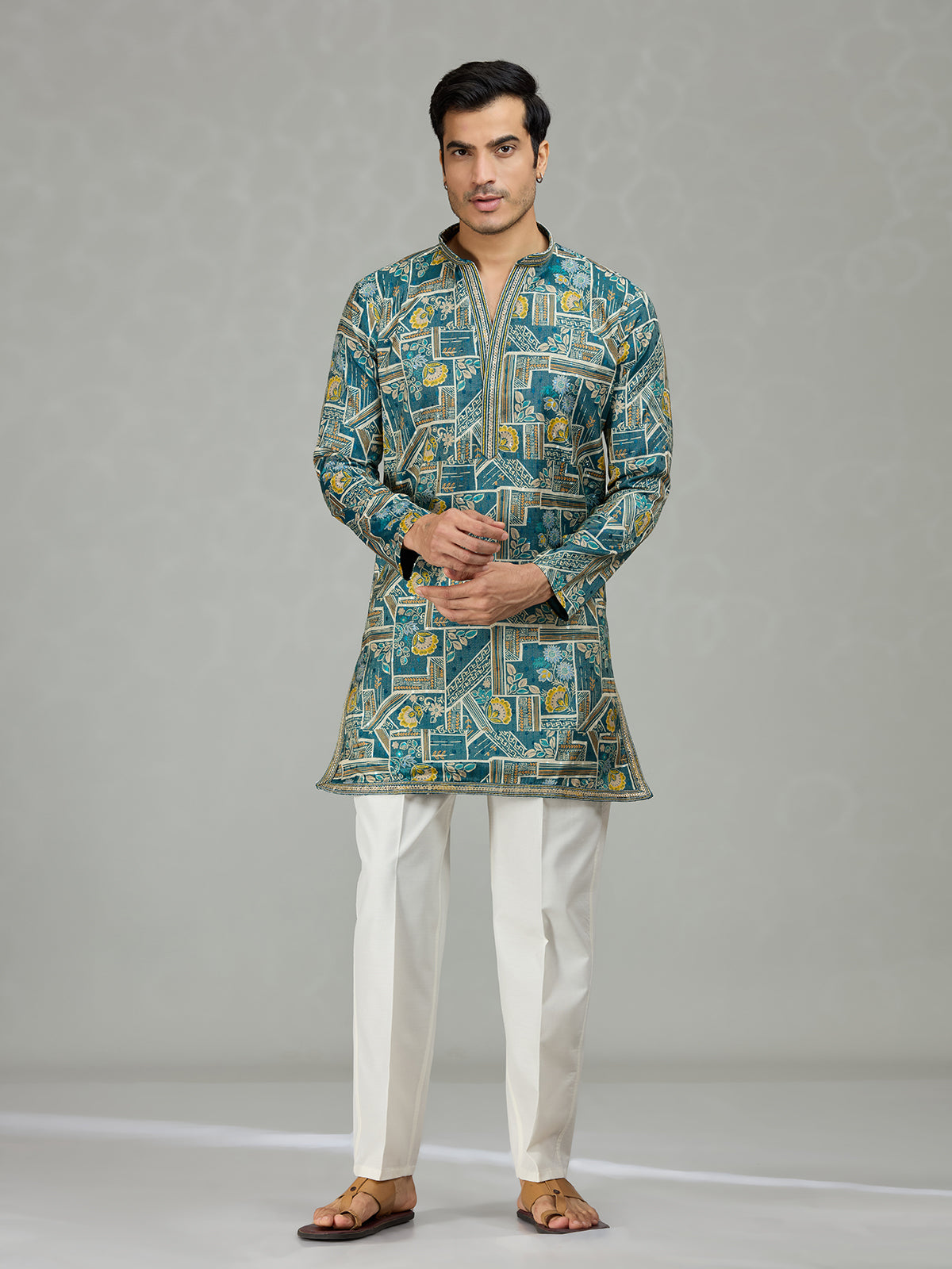 Blue floral grid printed contemporary men kurta suit