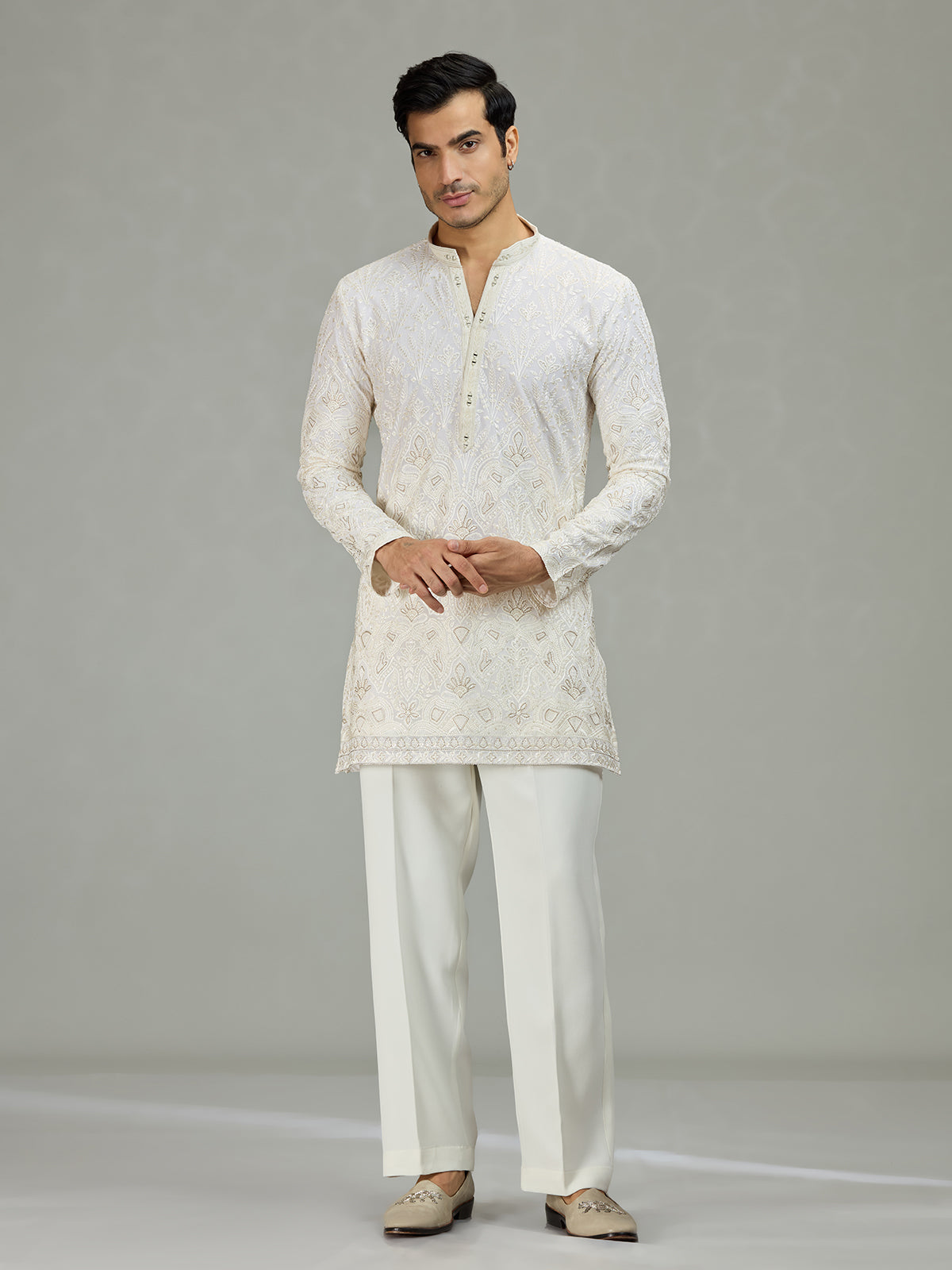 White Mughal paisley classic men kurta suit