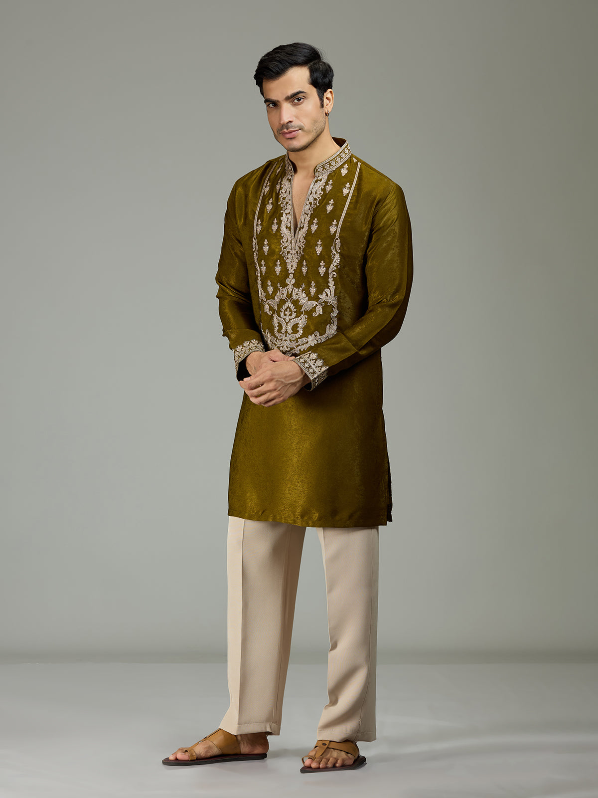 Mehendi green antique floral velvet luxurious men kurta suit