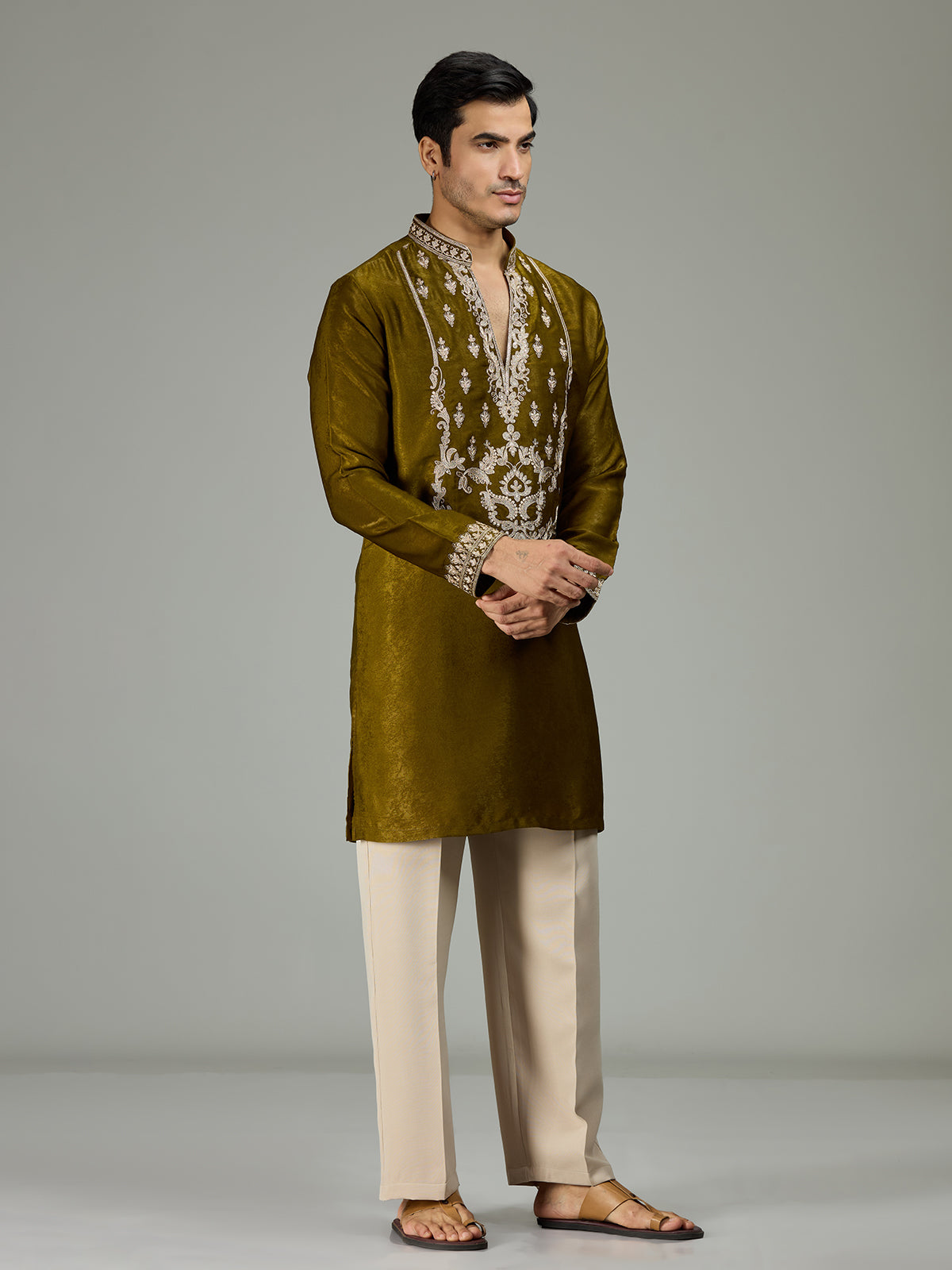 Mehendi green antique floral velvet luxurious men kurta suit