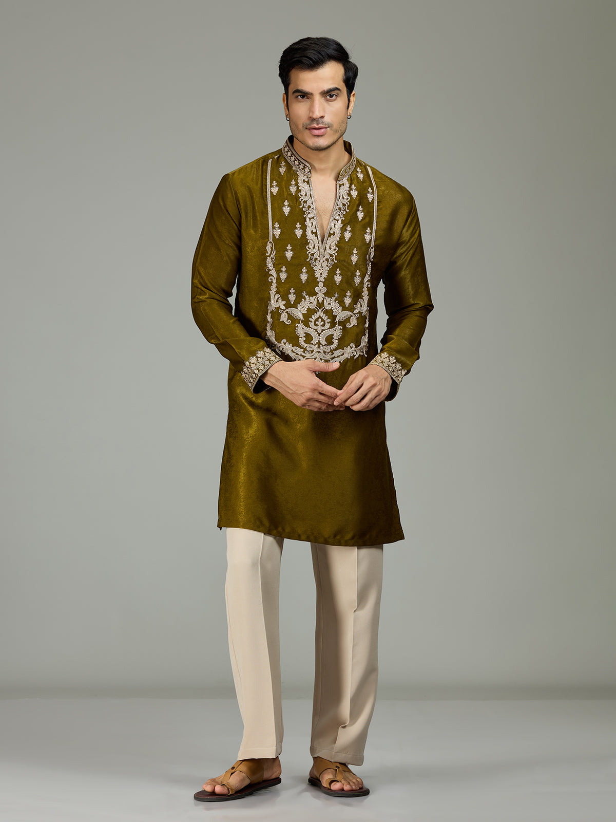 Mehendi green antique floral velvet luxurious men kurta suit