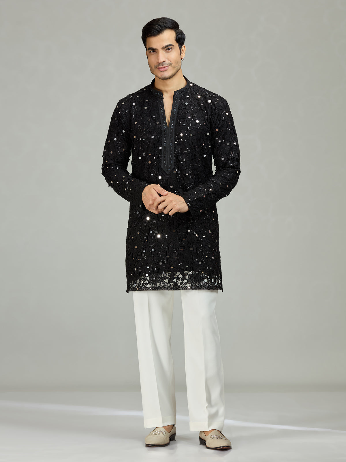Black mirror cutwork organza statement men kurta suit