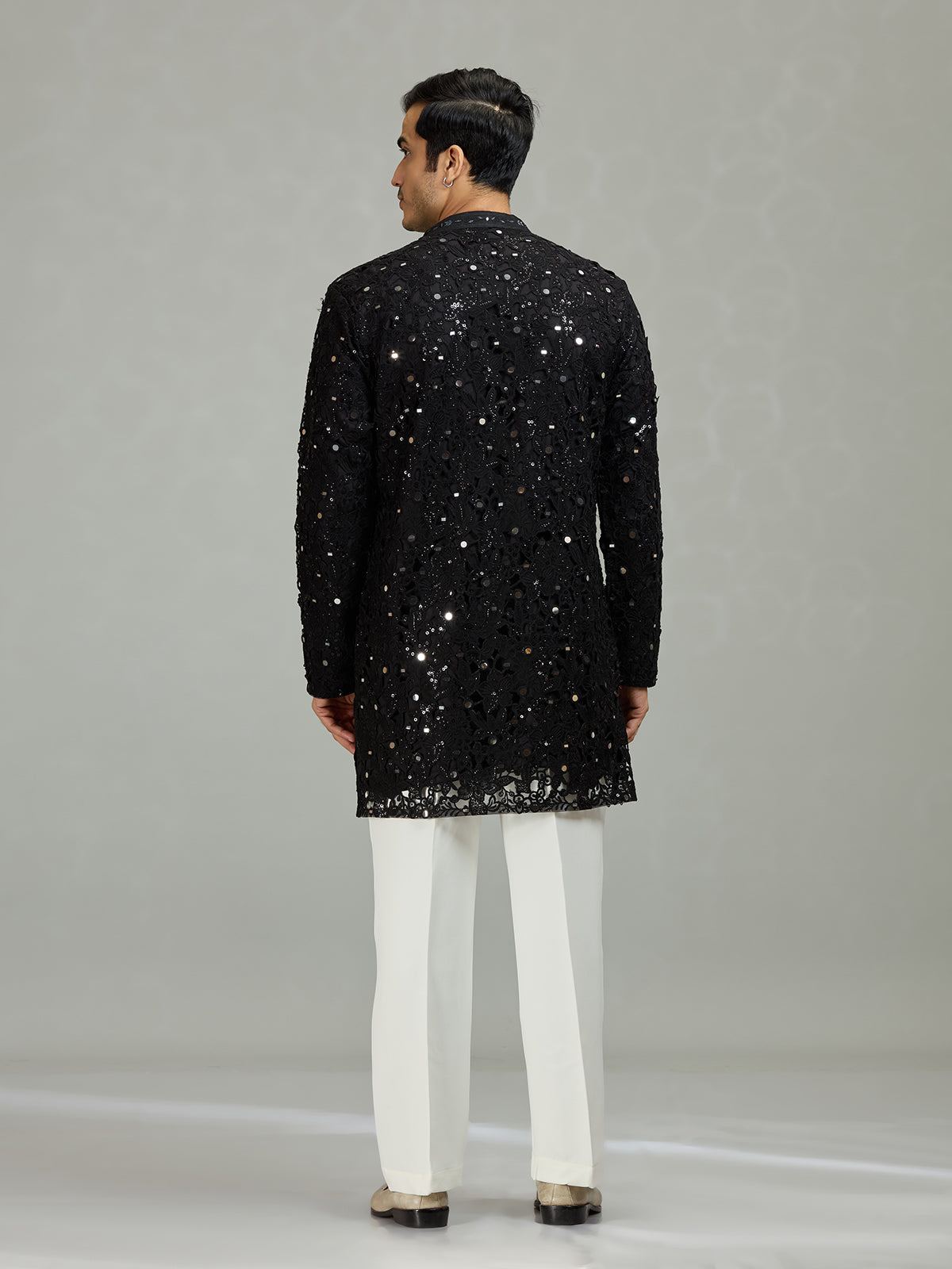 Black mirror cutwork organza statement men kurta suit