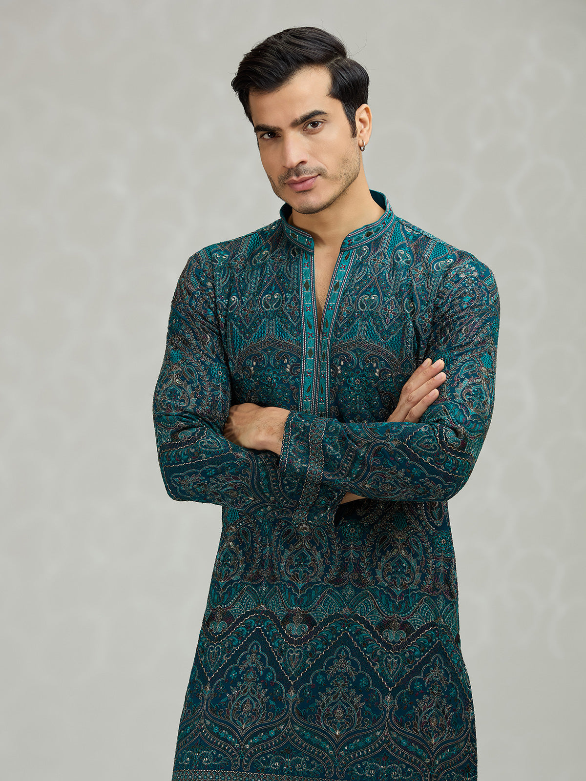 Teal blue scalloped cutwork striking men kurta suit