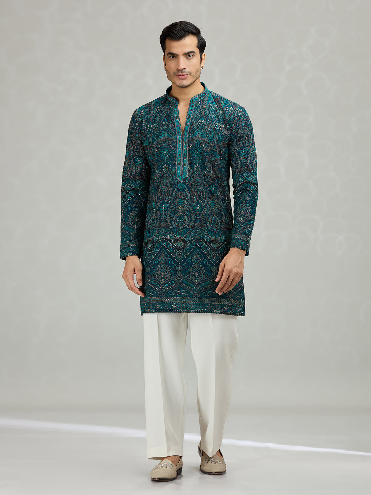 Teal blue scalloped cutwork striking men kurta suit