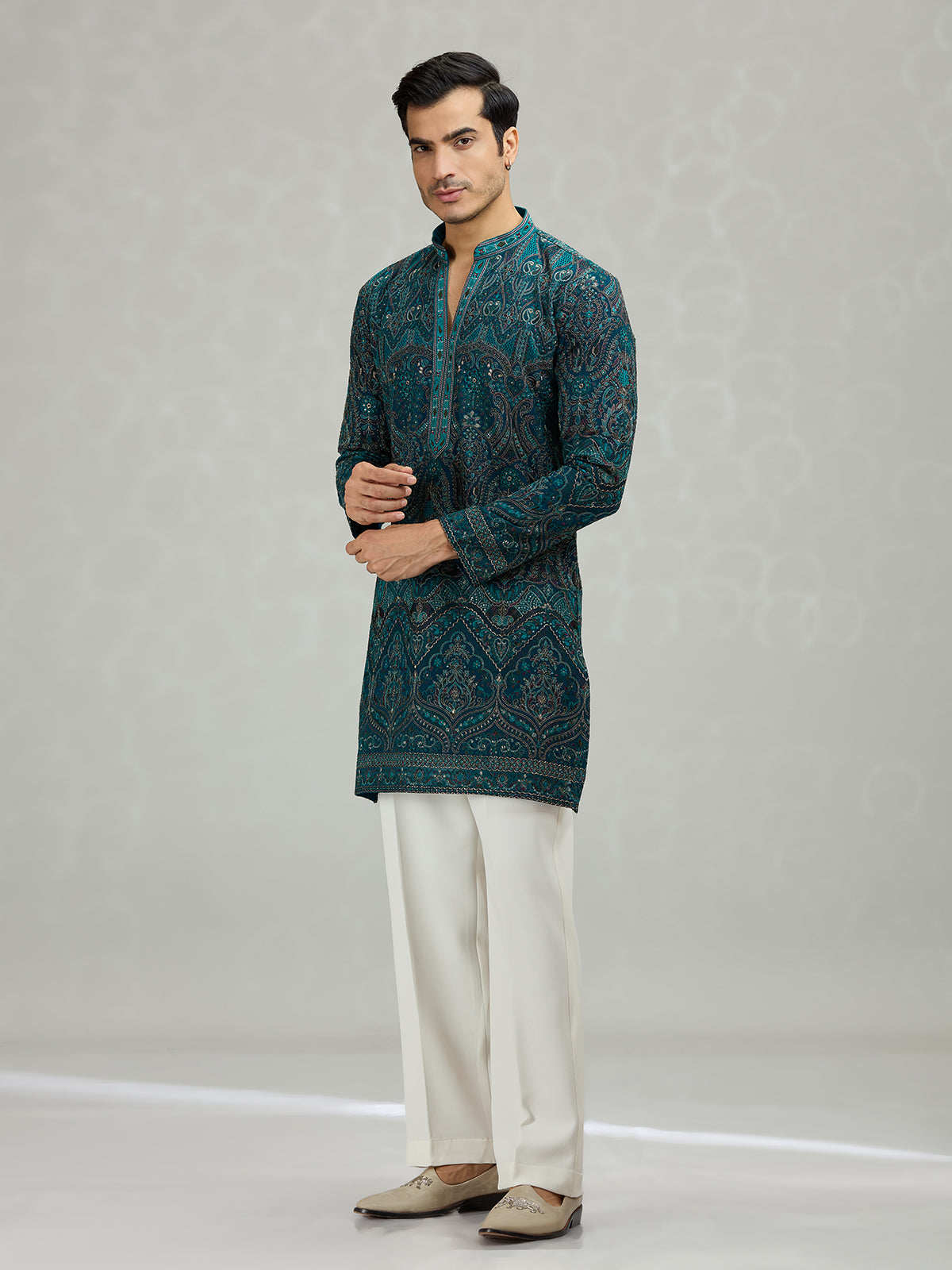 Teal blue scalloped cutwork striking men kurta suit