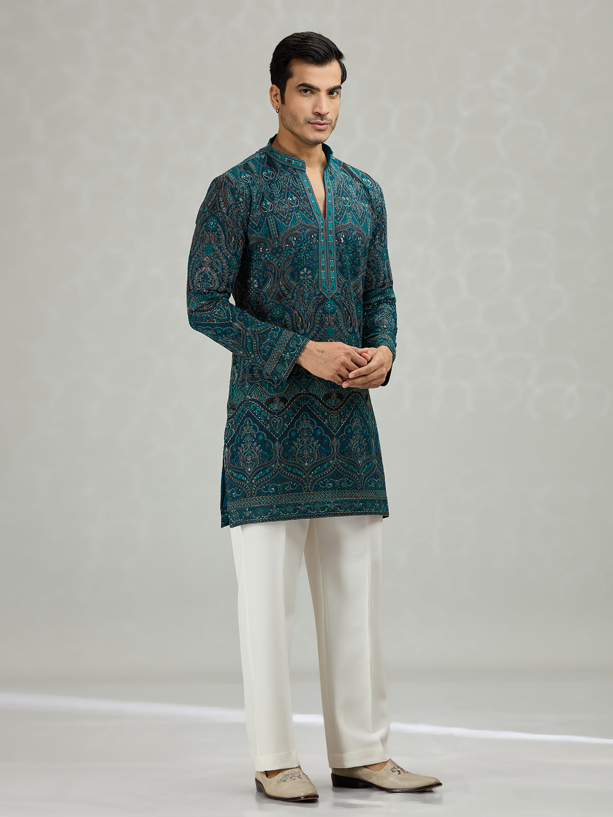 Teal blue scalloped cutwork striking men kurta suit