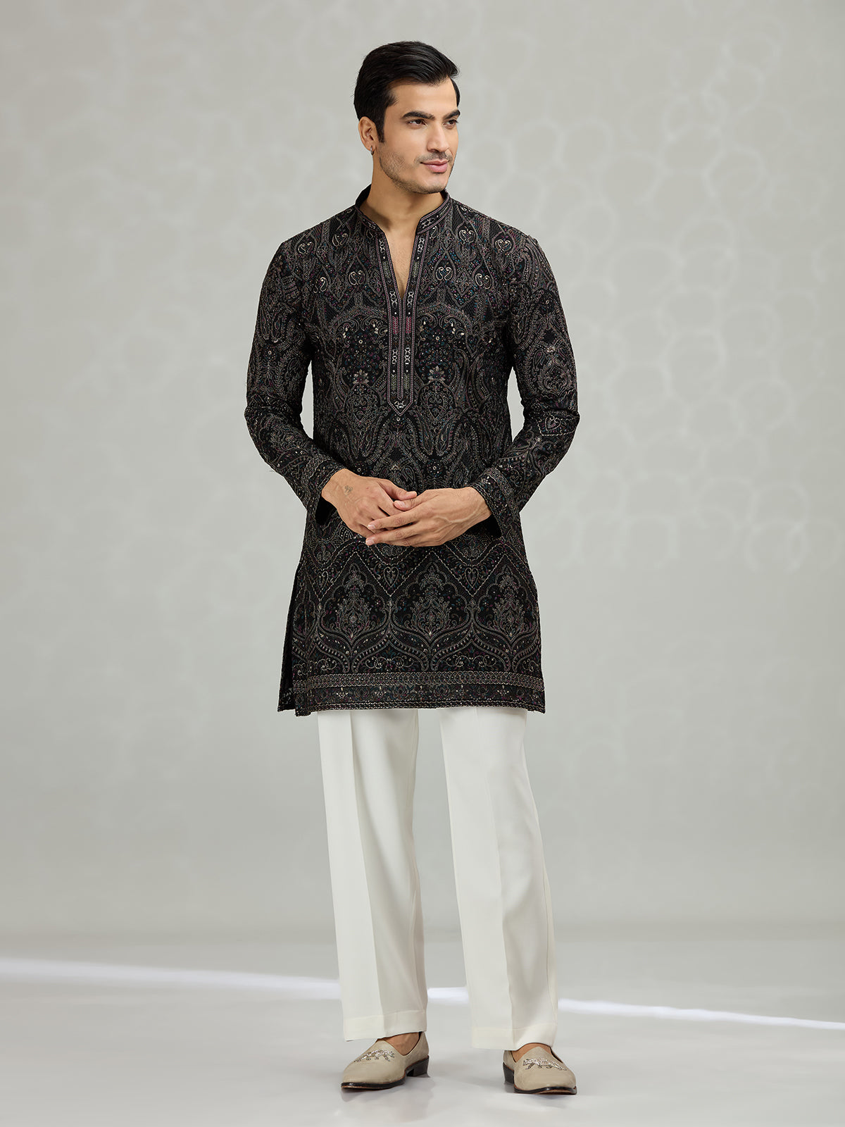 Black scalloped cutwork designer men kurta suit