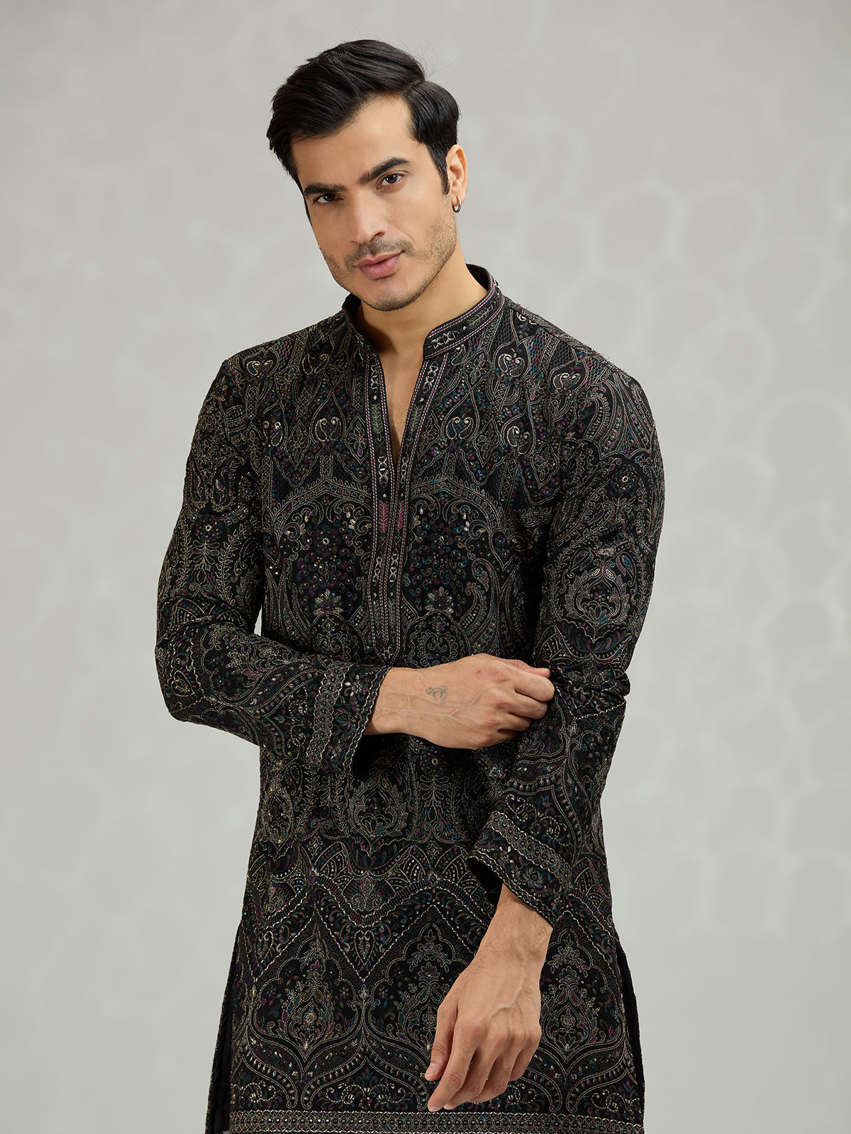 Black scalloped cutwork designer men kurta suit