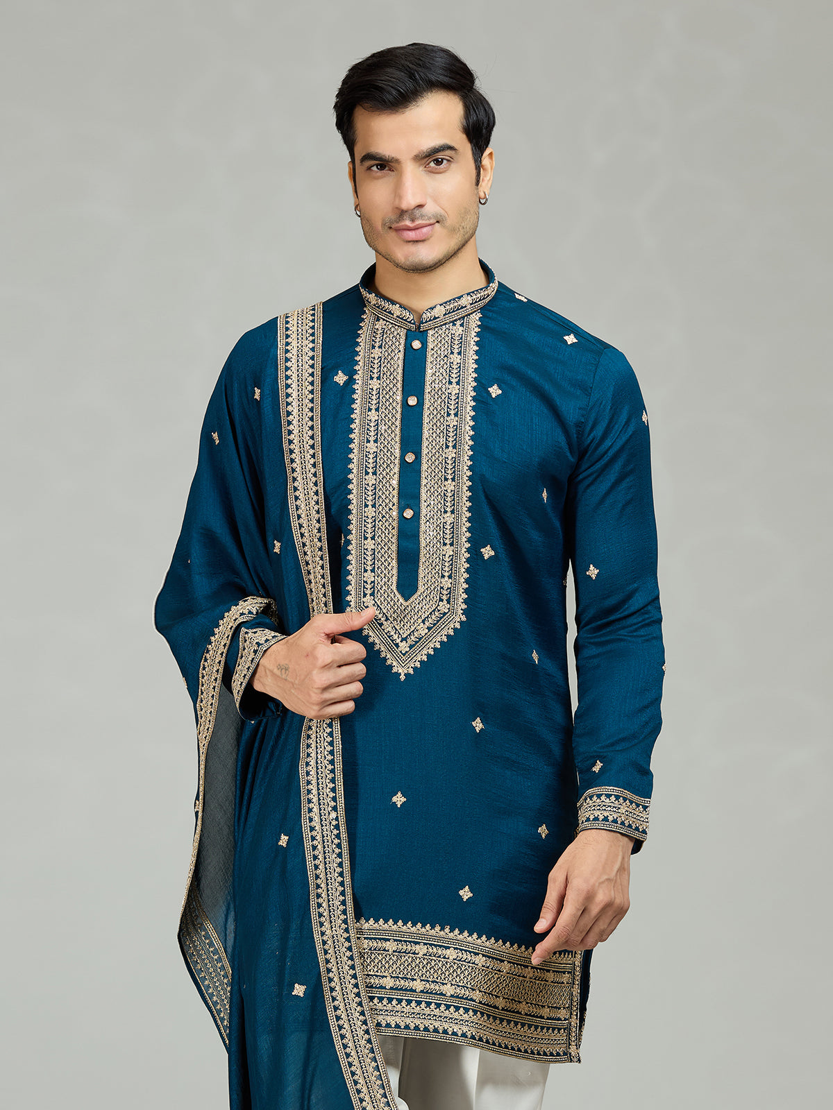Teal blue royal embroidered men kurta suit