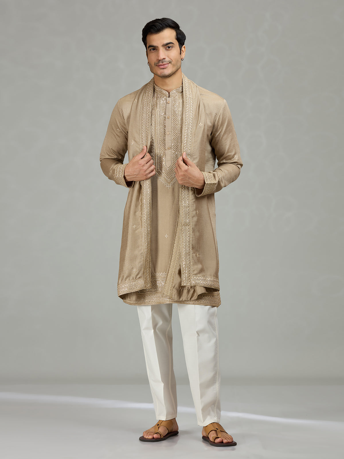 Dark beige classic embroidered men kurta suit