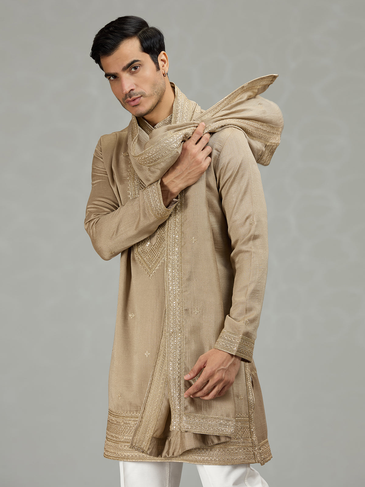Dark beige classic embroidered men kurta suit