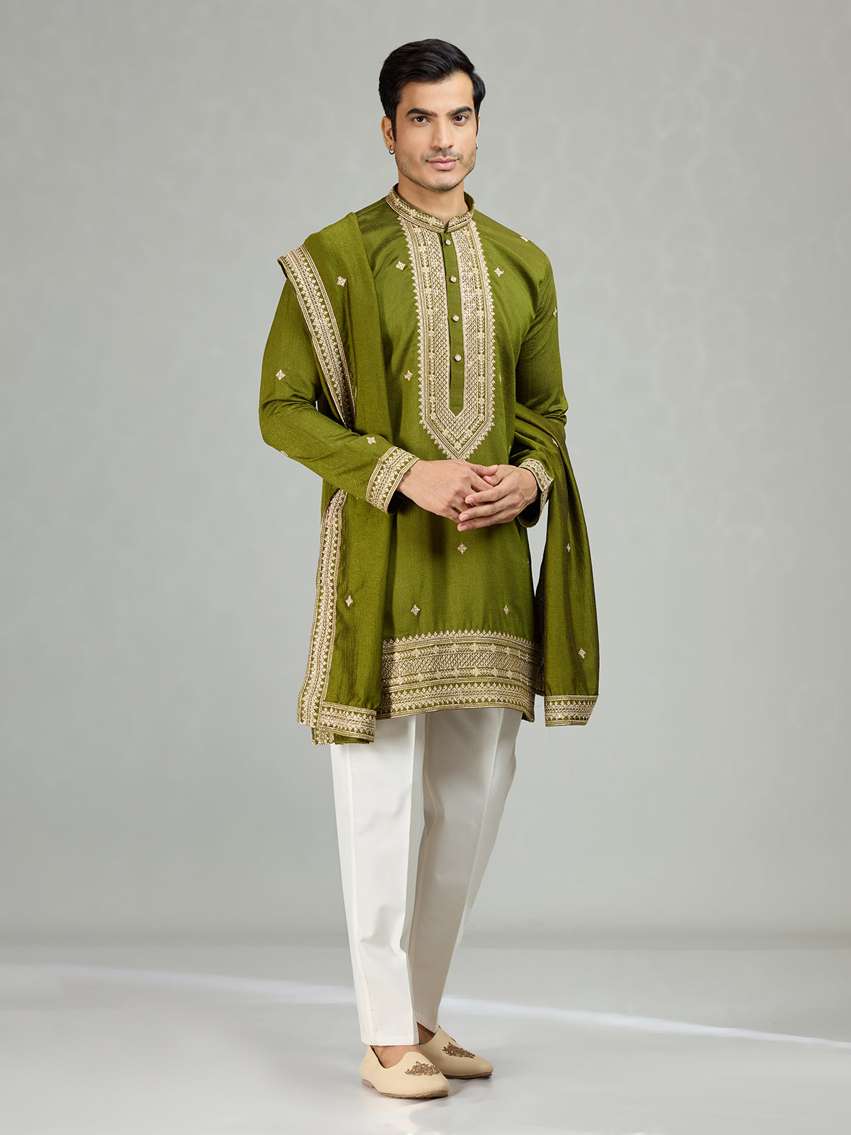Mehendi green festive embroidered men kurta suit