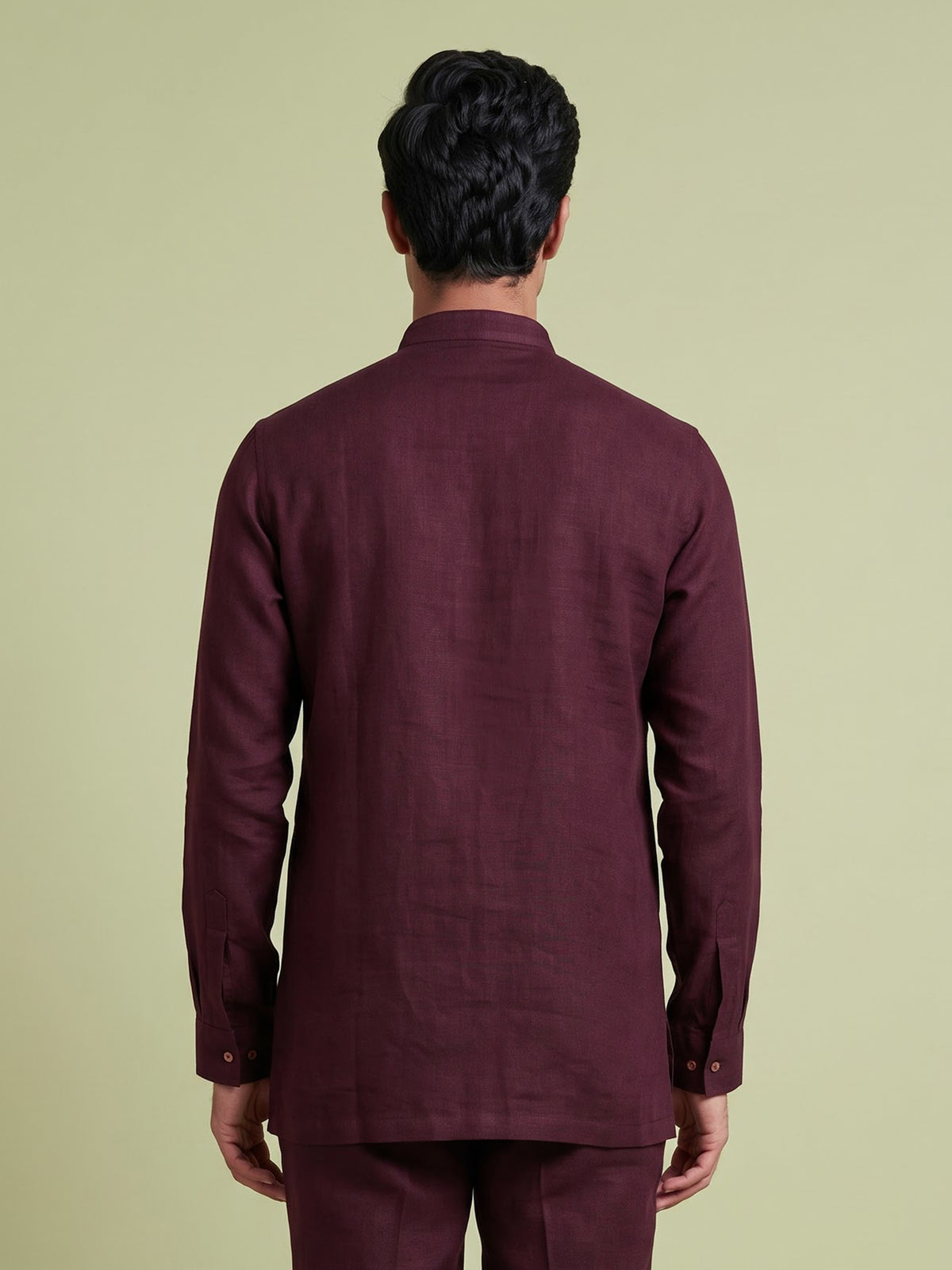 Wine linen silk mens short kurta with Chinese collar