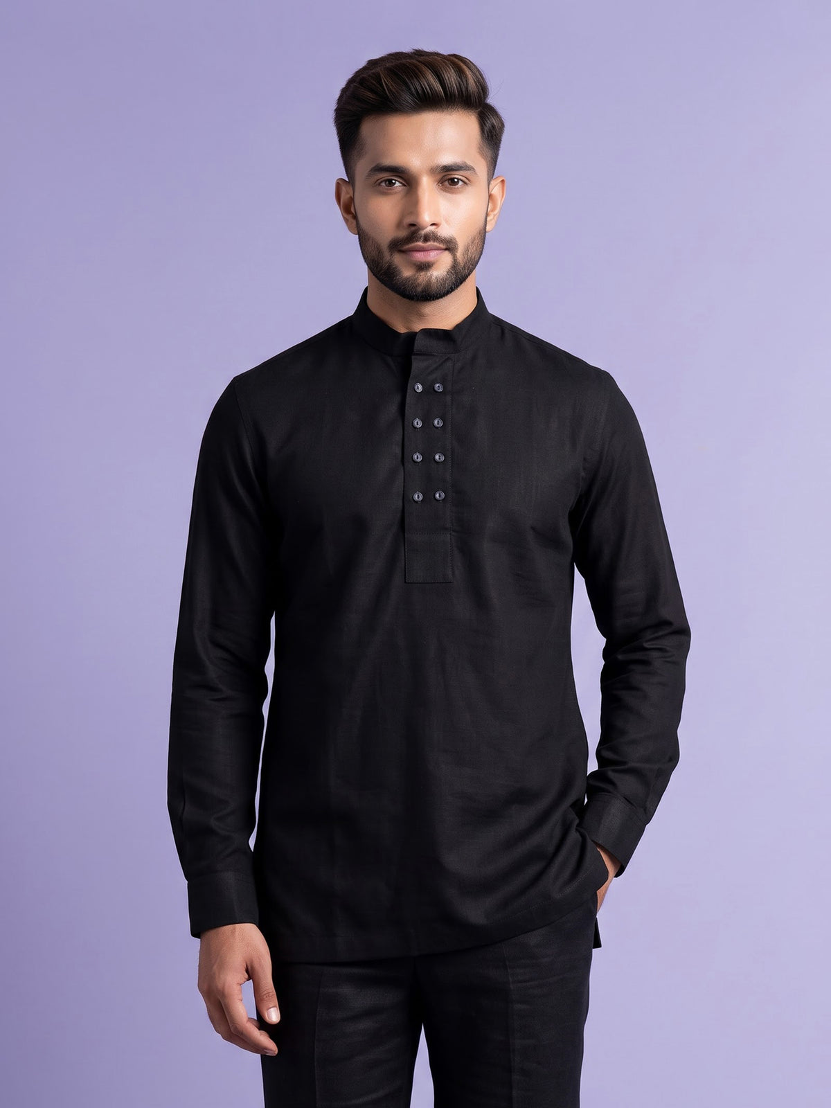 Black linen silk mens short kurta with Chinese collar