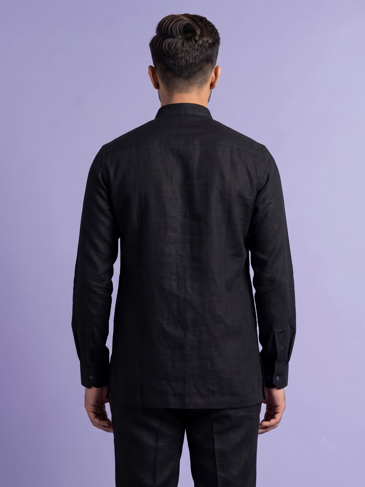 Black linen silk mens short kurta with Chinese collar