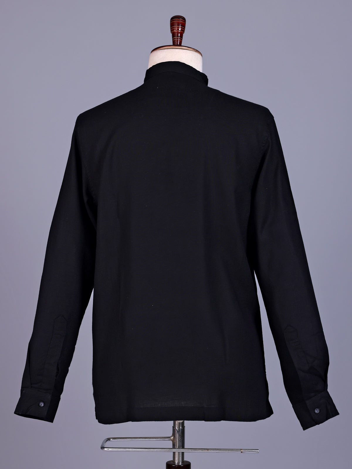 Black linen silk mens short kurta with Chinese collar
