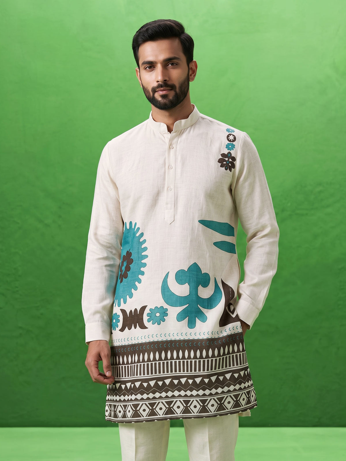 White cotton linen mens kurta with printed Chinese collar