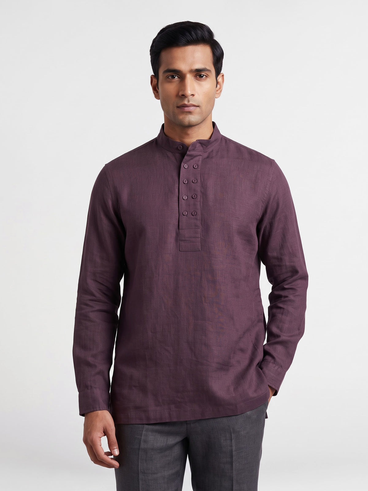Lavender purple linen silk mens short kurta with Chinese collar