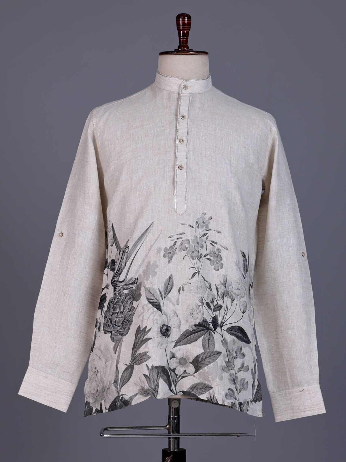 Beige linen mens short kurta with floral printed detailing