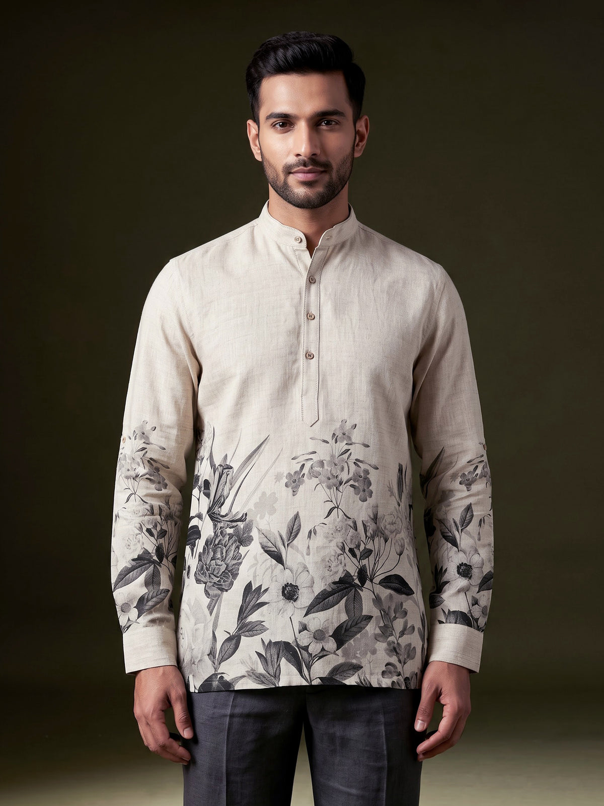 Beige linen mens short kurta with floral printed detailing