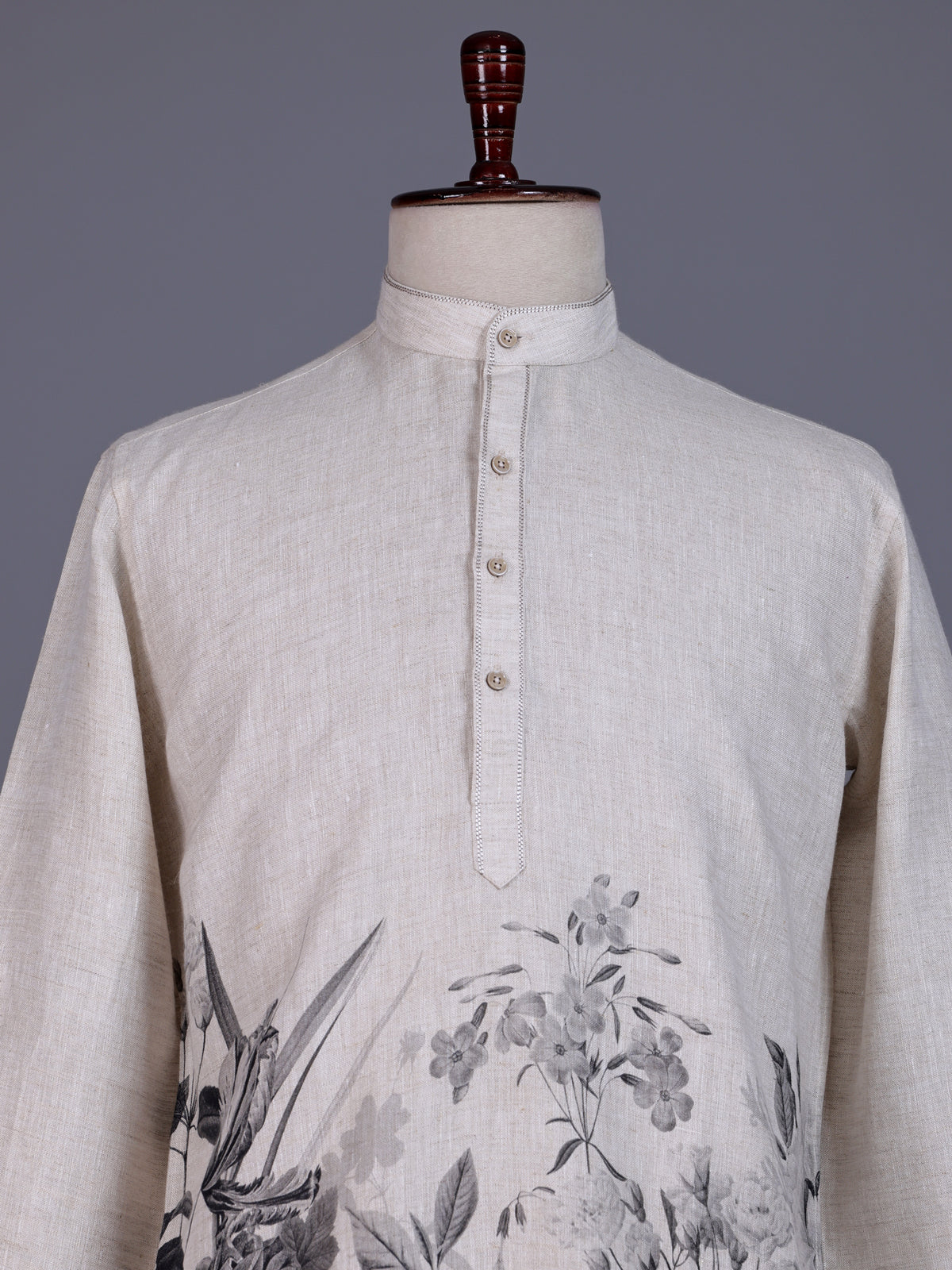 Beige linen mens short kurta with floral printed detailing