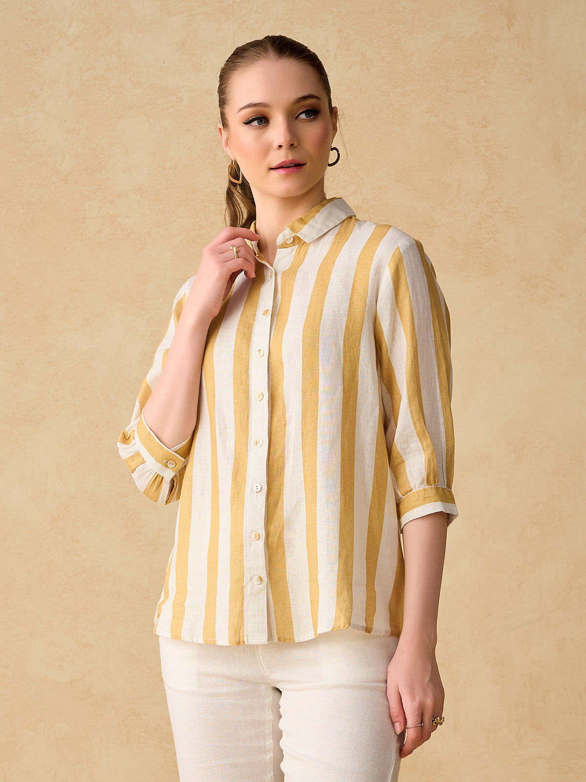Yellow white fresh casual women shirt