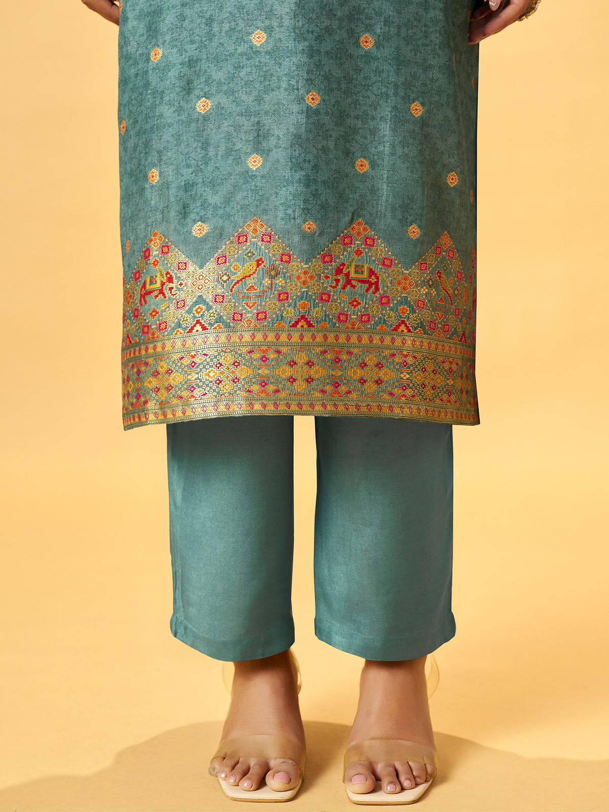 Sea green peacock embroidered women kurti set