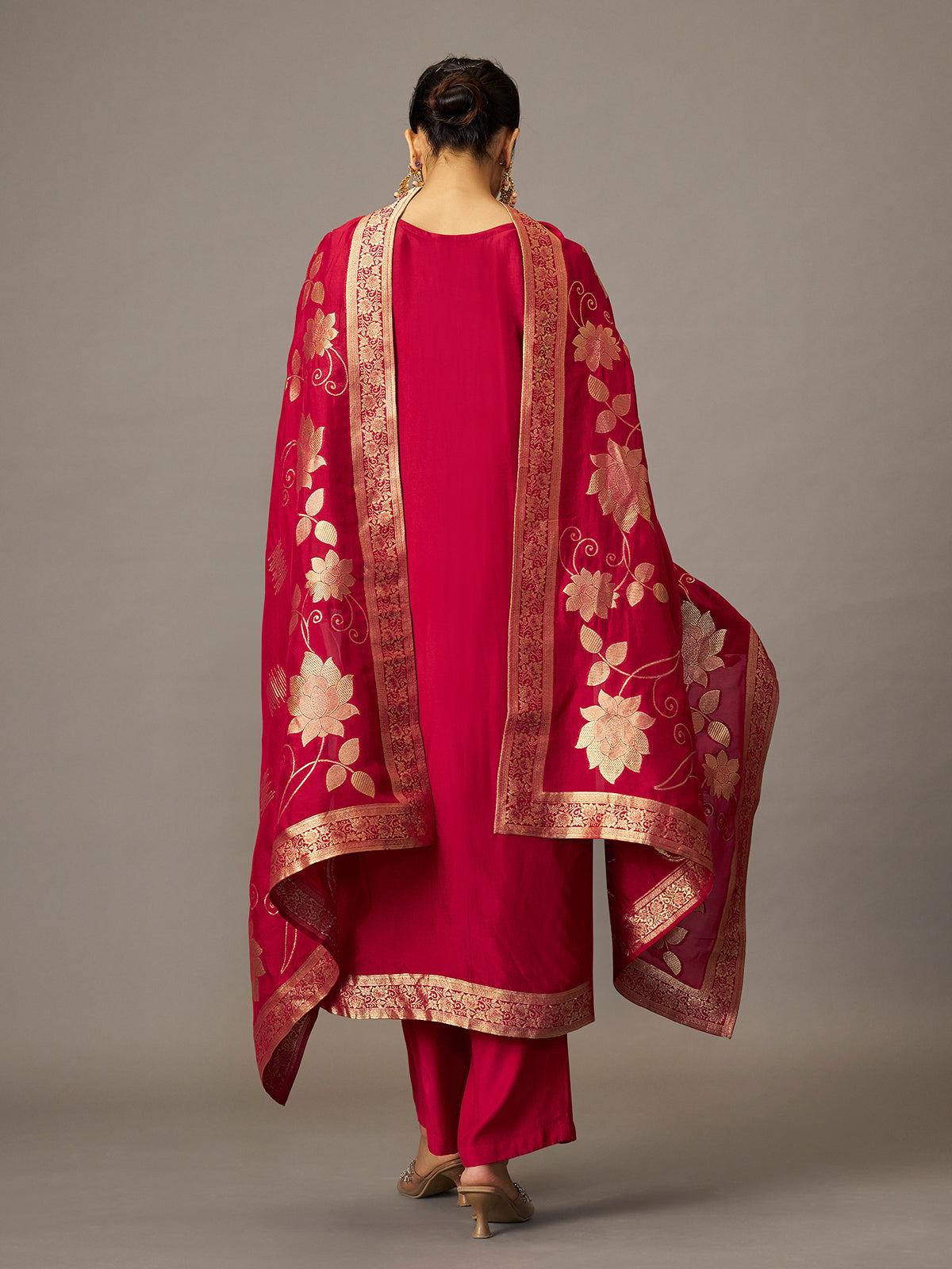 Crimson red floral festive women kurti set