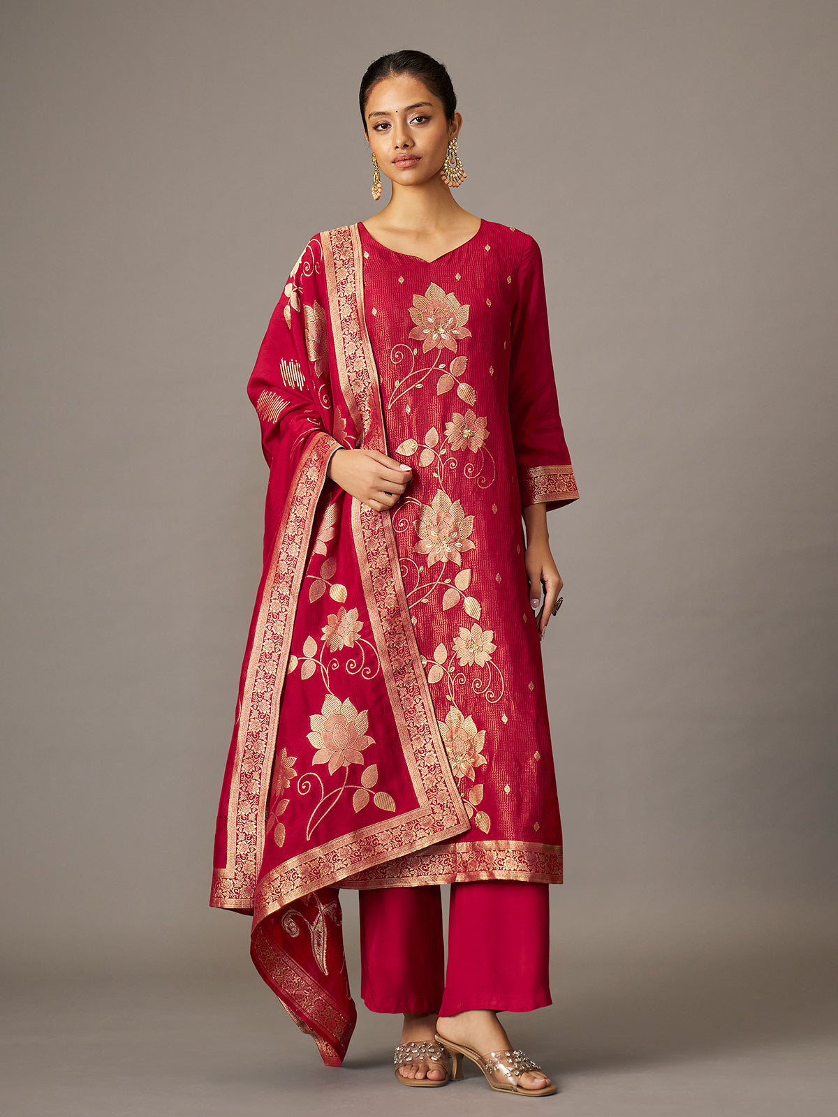 Crimson red floral festive women kurti set