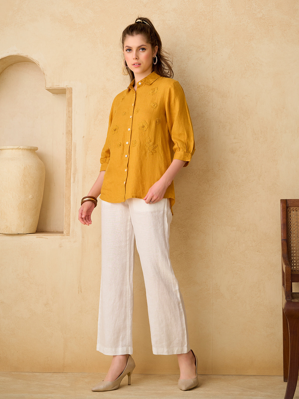 Yellow floral embroidered women top