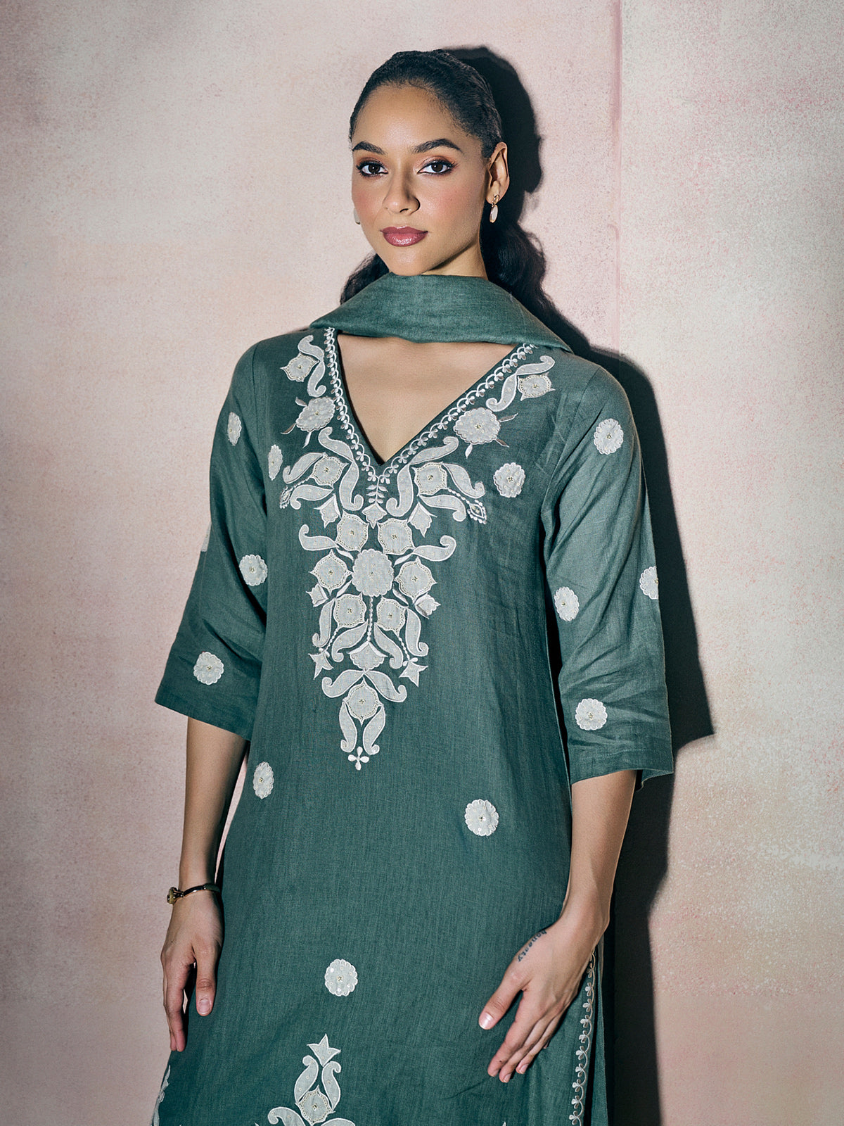 Teal green aabla floral women kurti set