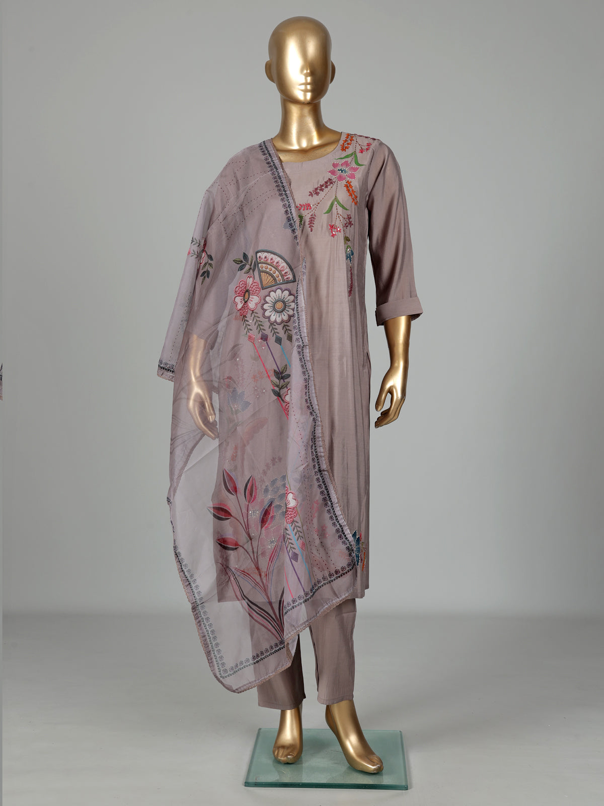 Grey silk kurti set with floral sequins and printed dupatta