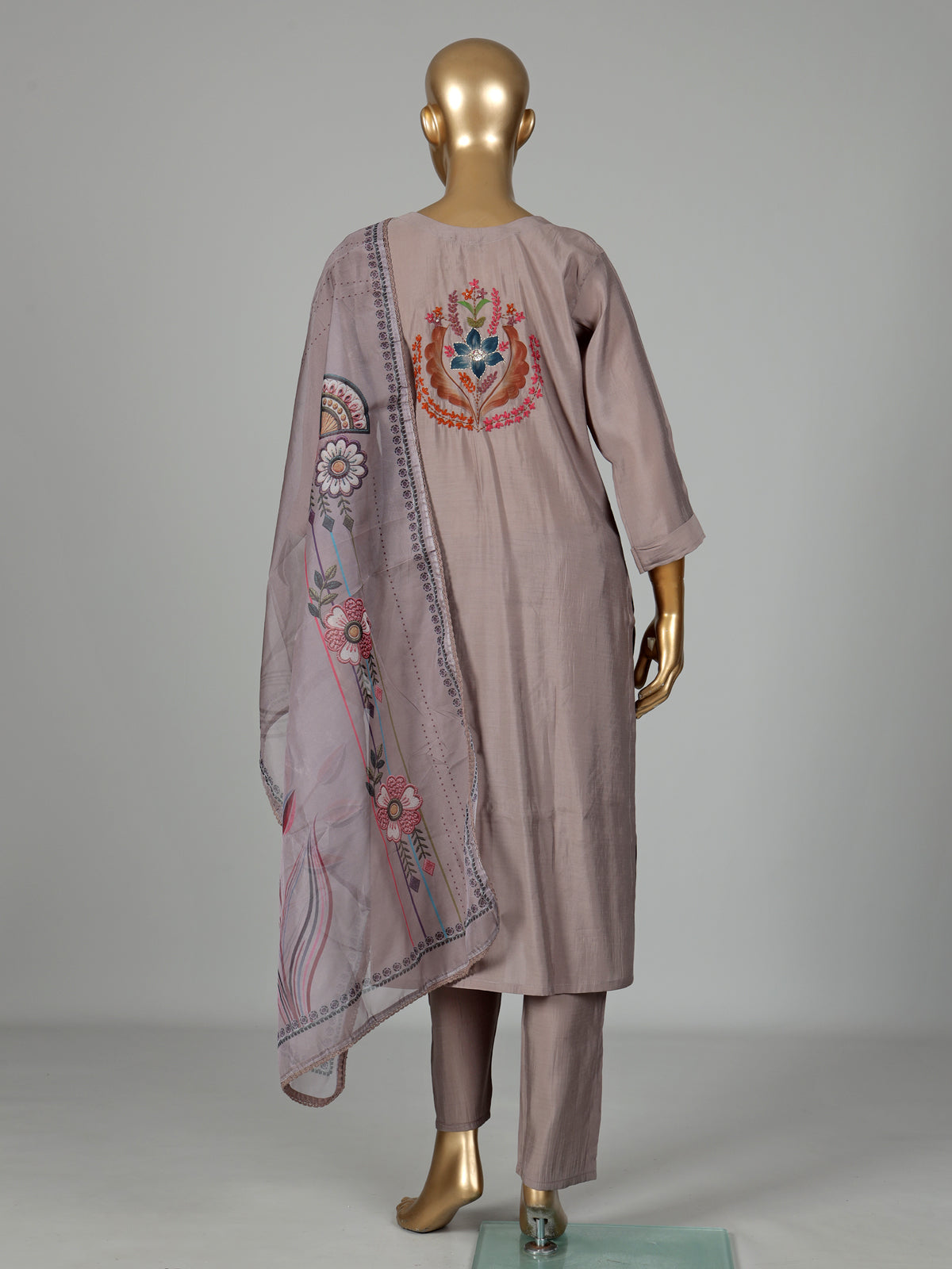 Grey silk kurti set with floral sequins and printed dupatta