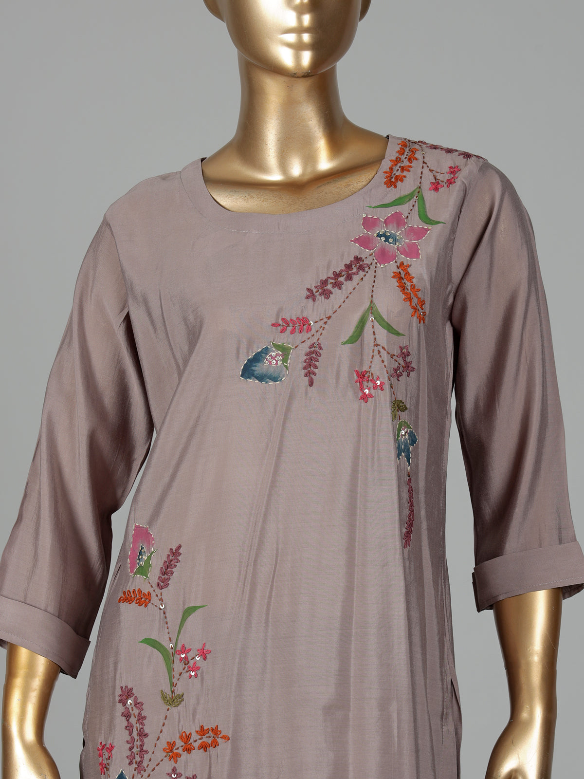 Grey silk kurti set with floral sequins and printed dupatta