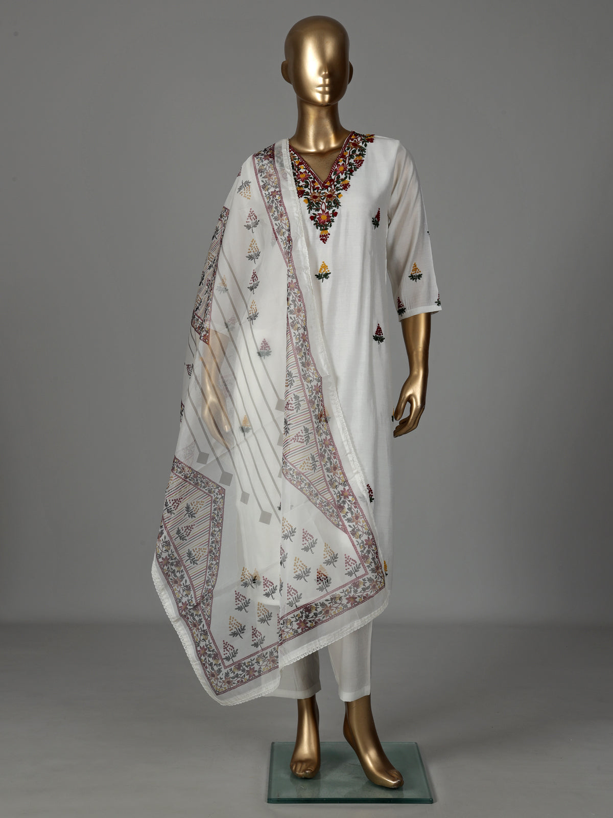 White tusser silk kurti set with delicate floral embroidery