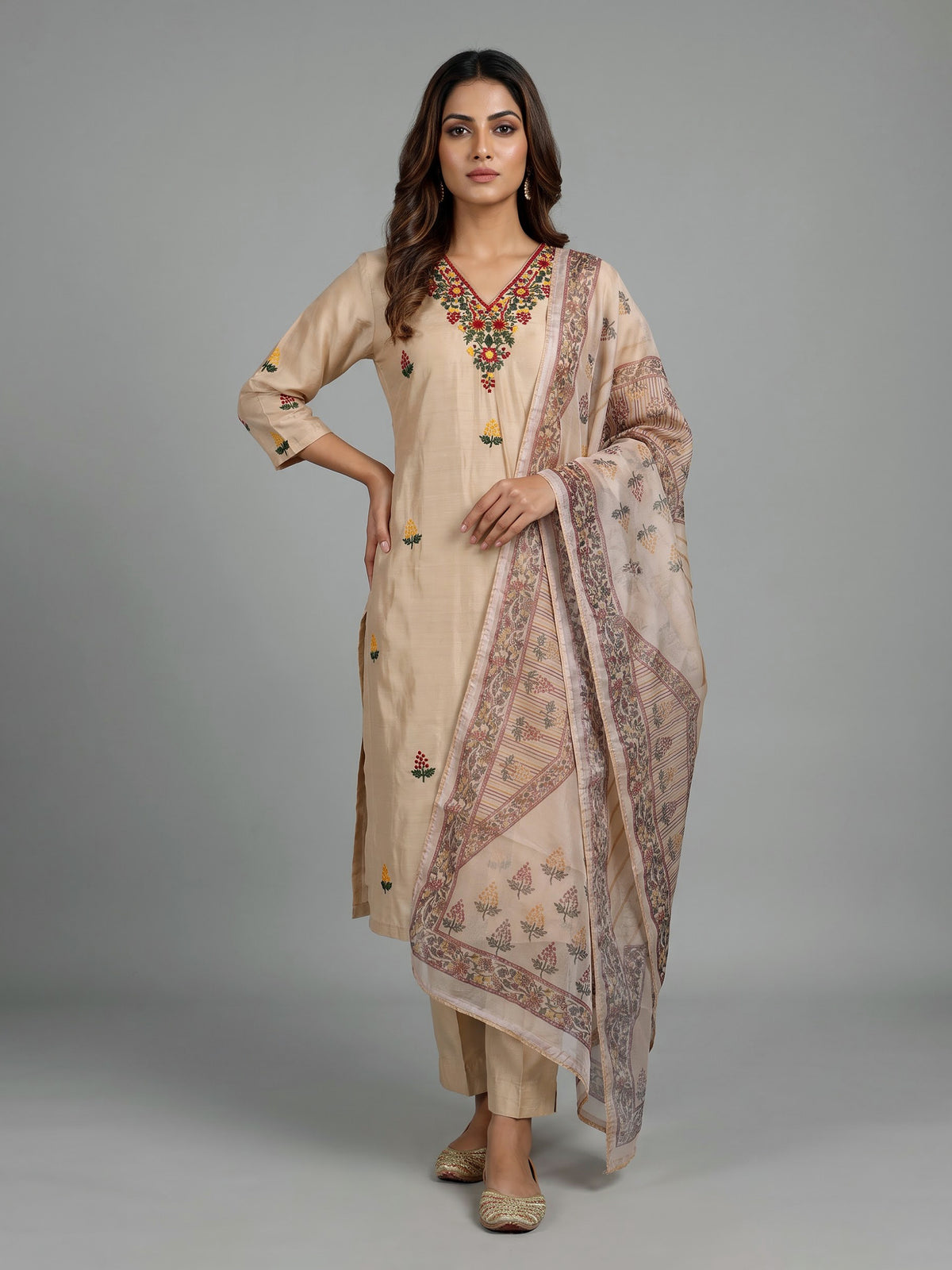 Beige tusser silk kurti set with floral thread embroidery